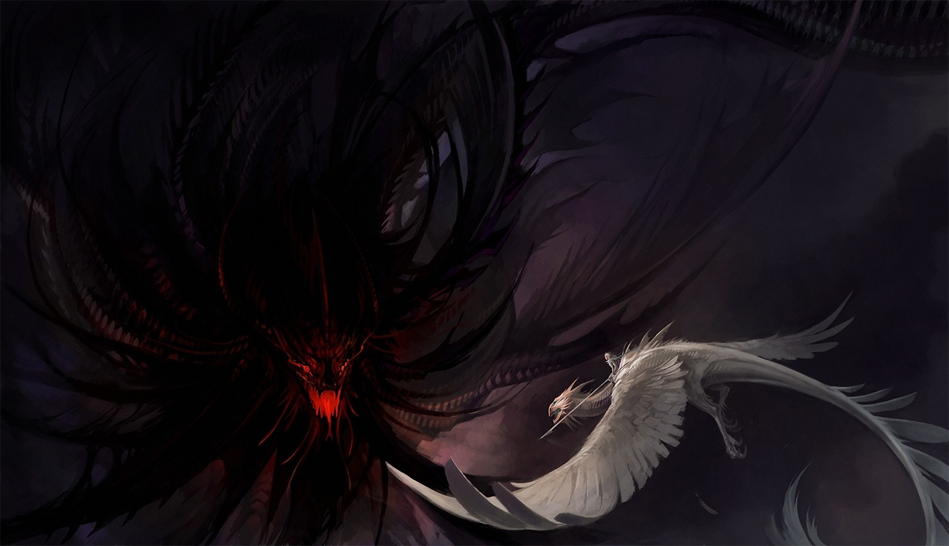 A white dragon fights a dark creature HD Wallpaper