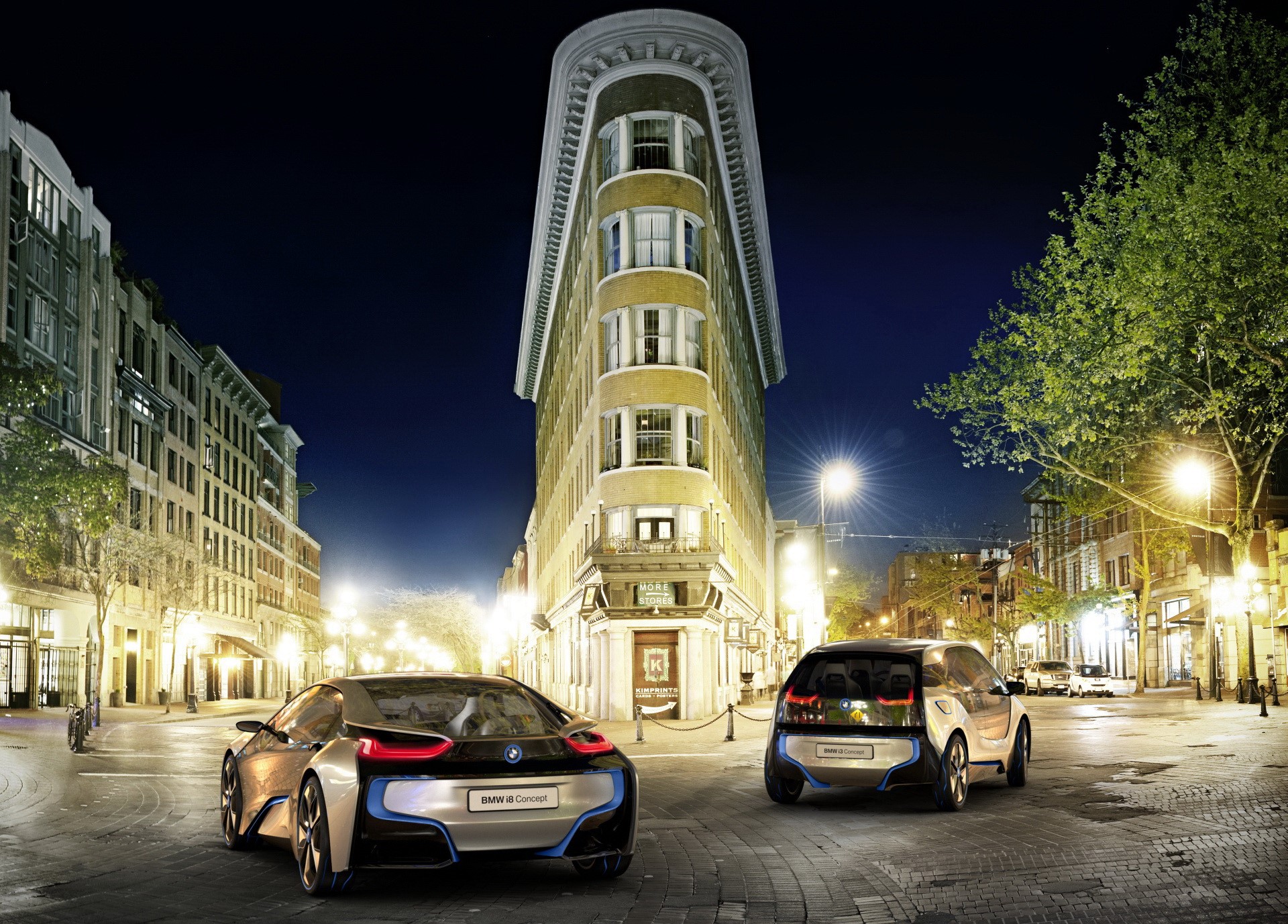 BMW i8 and i3 Concept Cars on City Street at Night HD Wallpaper