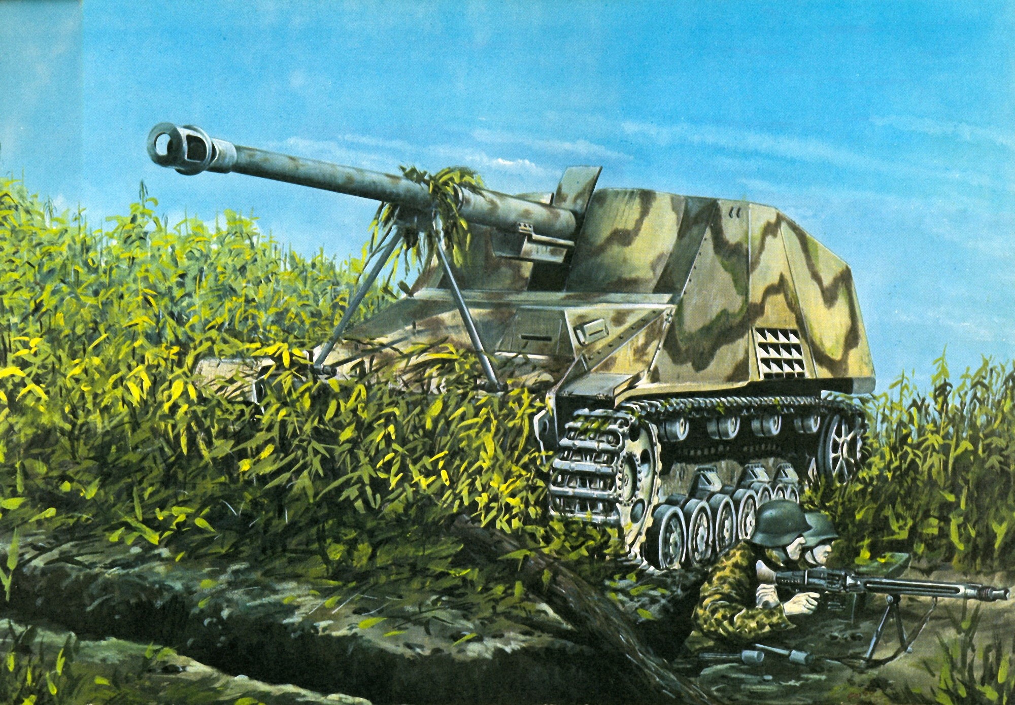 German SPG in camouflage with soldiers in foliage HD Wallpaper