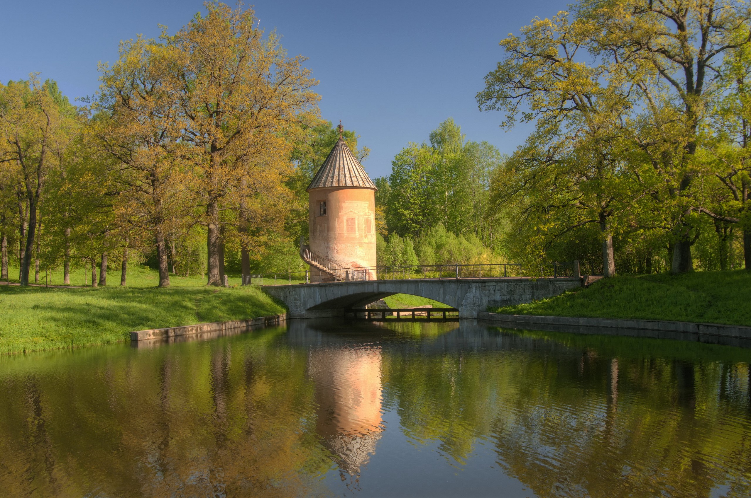 Park with a tower and a bridge over a canal HD Wallpaper