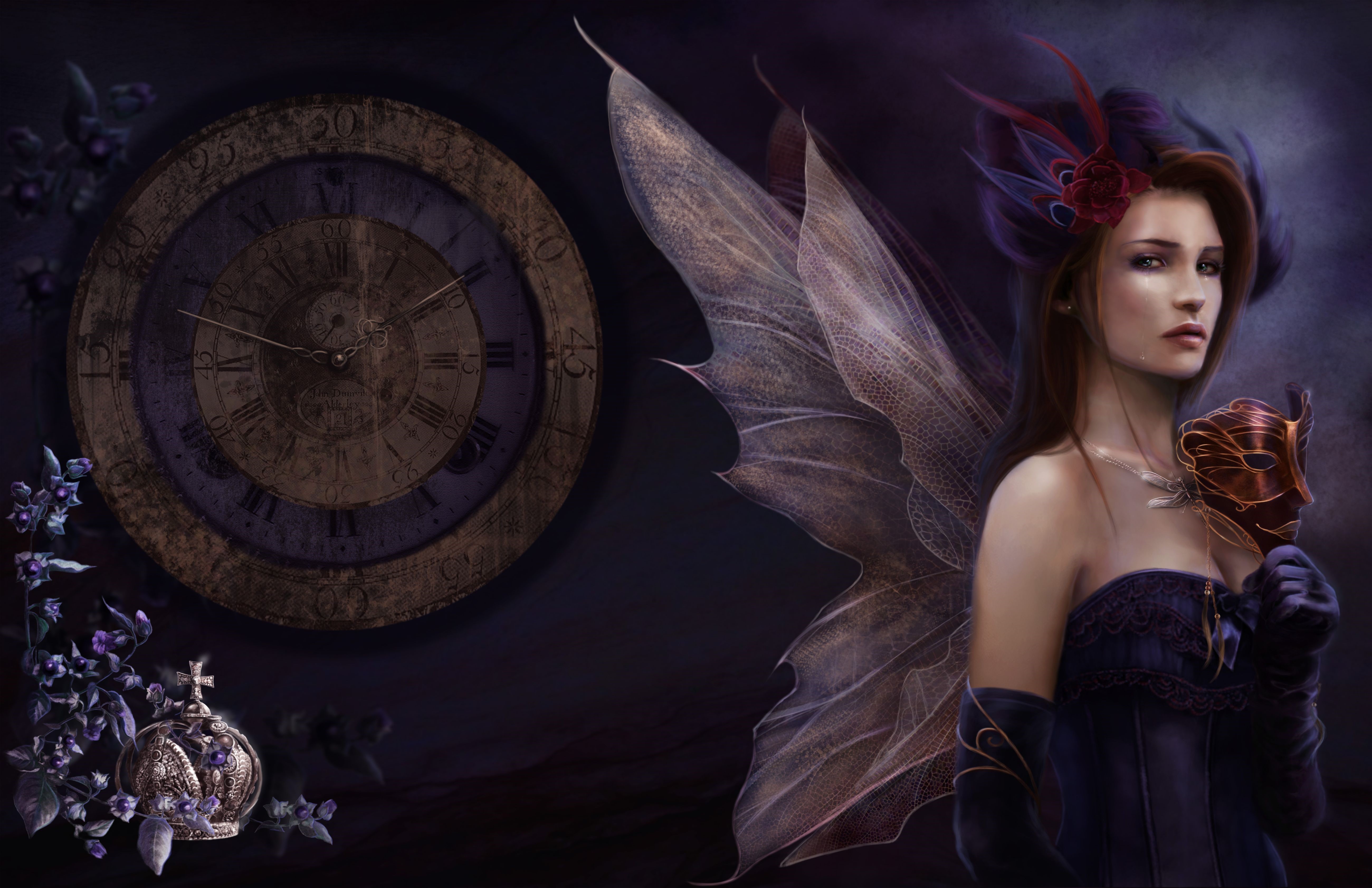 Fairy holding a mask near a clock HD Wallpaper
