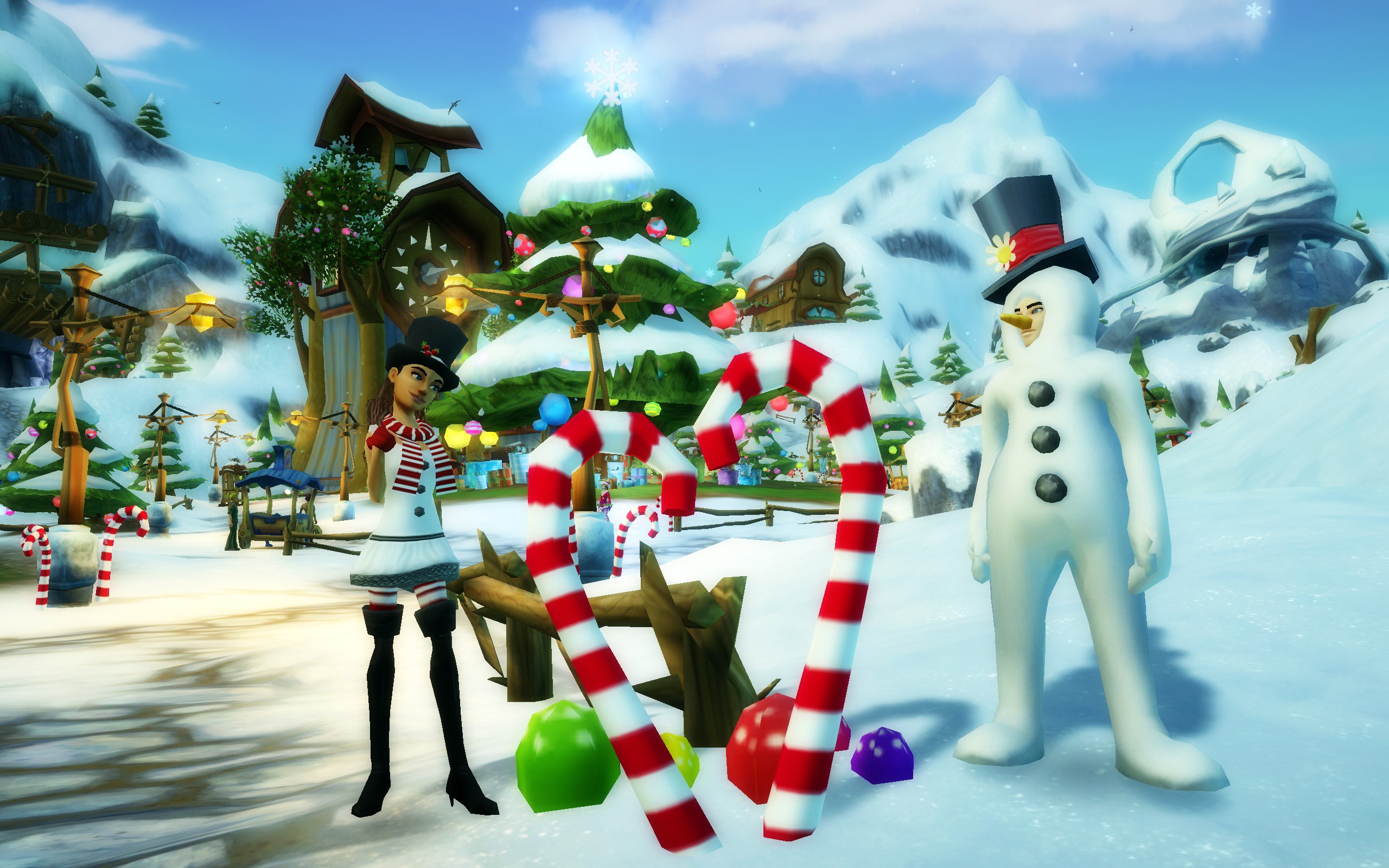 Girl and Snowman with Candy Canes in Snowy Village HD Wallpaper