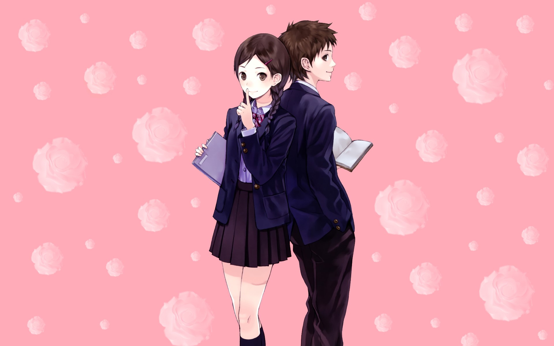 Anime school couple with books HD Wallpaper