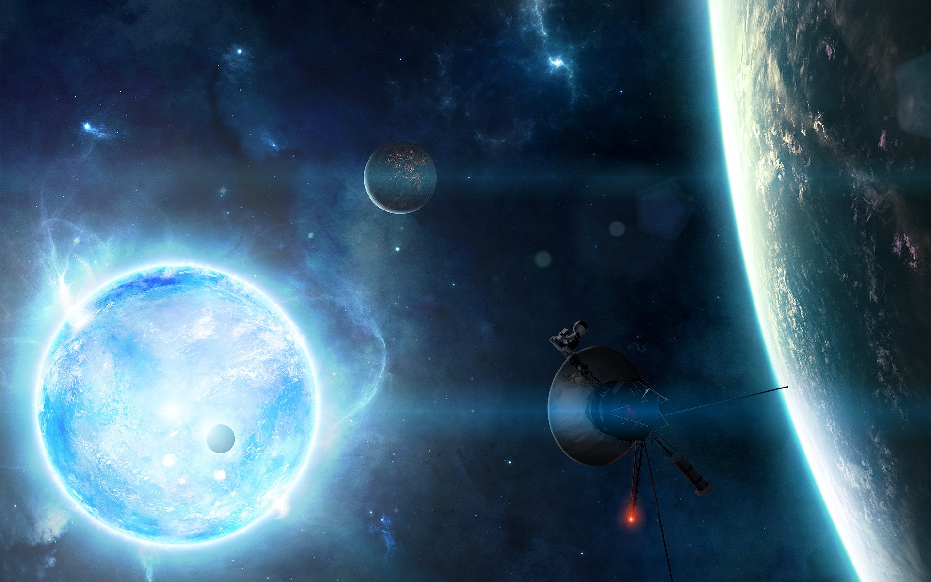 Space probe near a blue star and planets HD Wallpaper