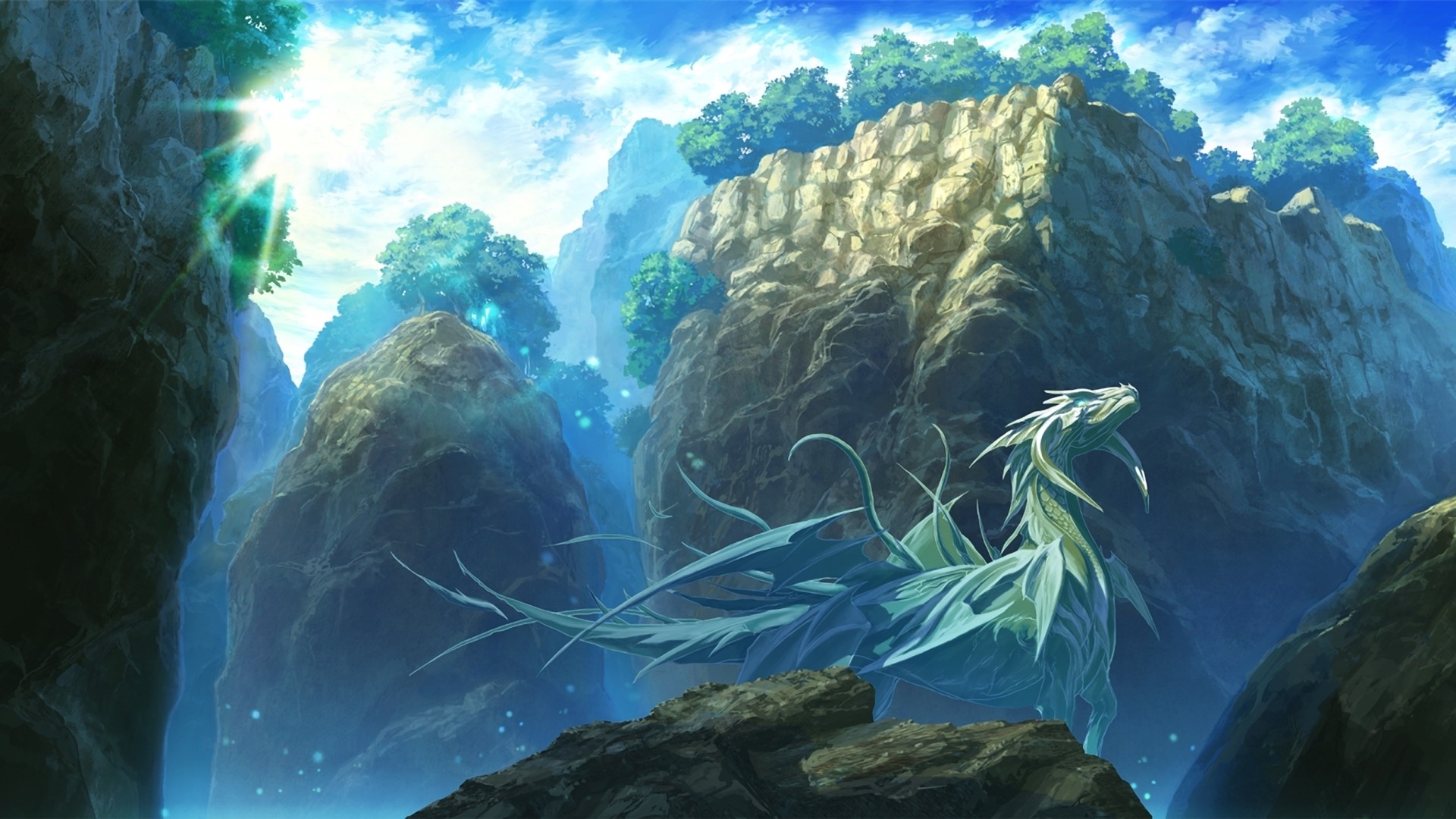 A majestic white dragon in a rocky canyon HD Wallpaper