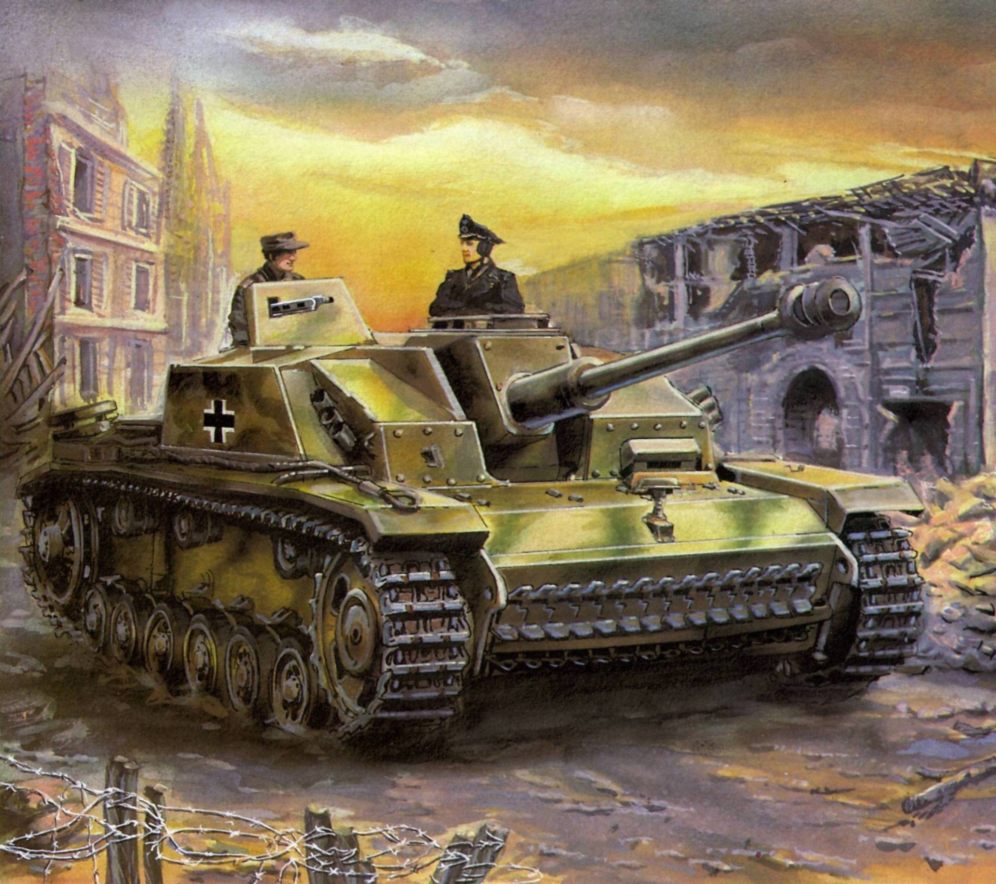 German Sturmgeschütz III tank in a destroyed city HD Wallpaper