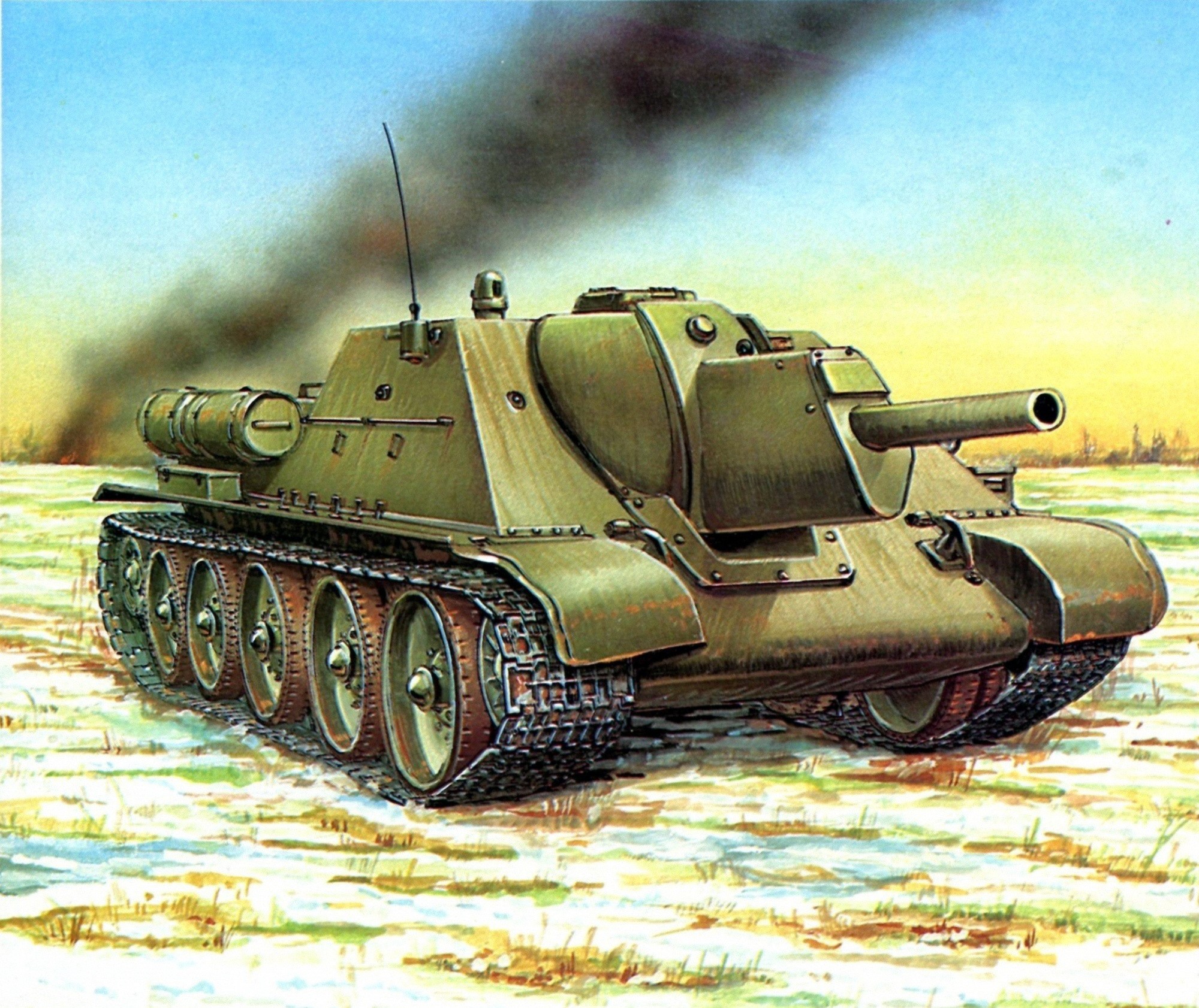 Painting of a Soviet SU-100 tank destroyer HD Wallpaper