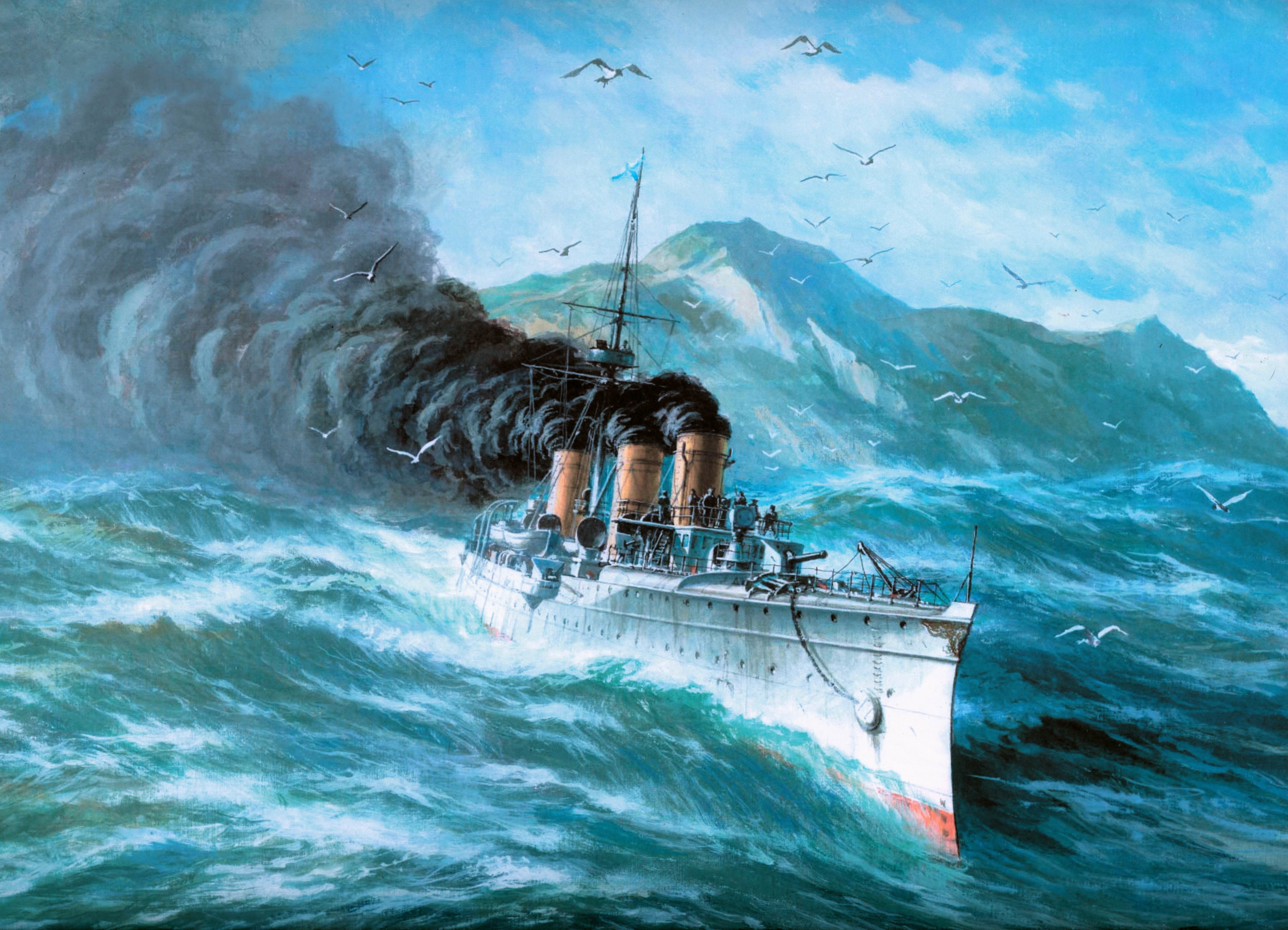 Painting of a warship in rough seas HD Wallpaper