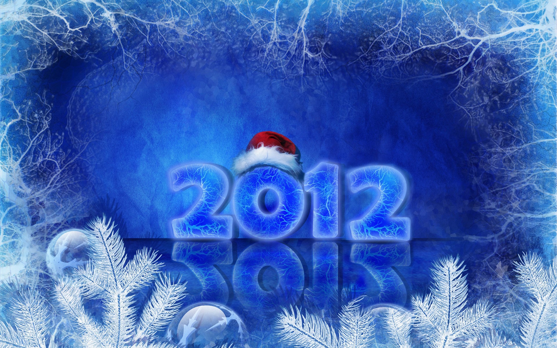 Happy New Year 2012 with Santa Hat and Ornaments HD Wallpaper