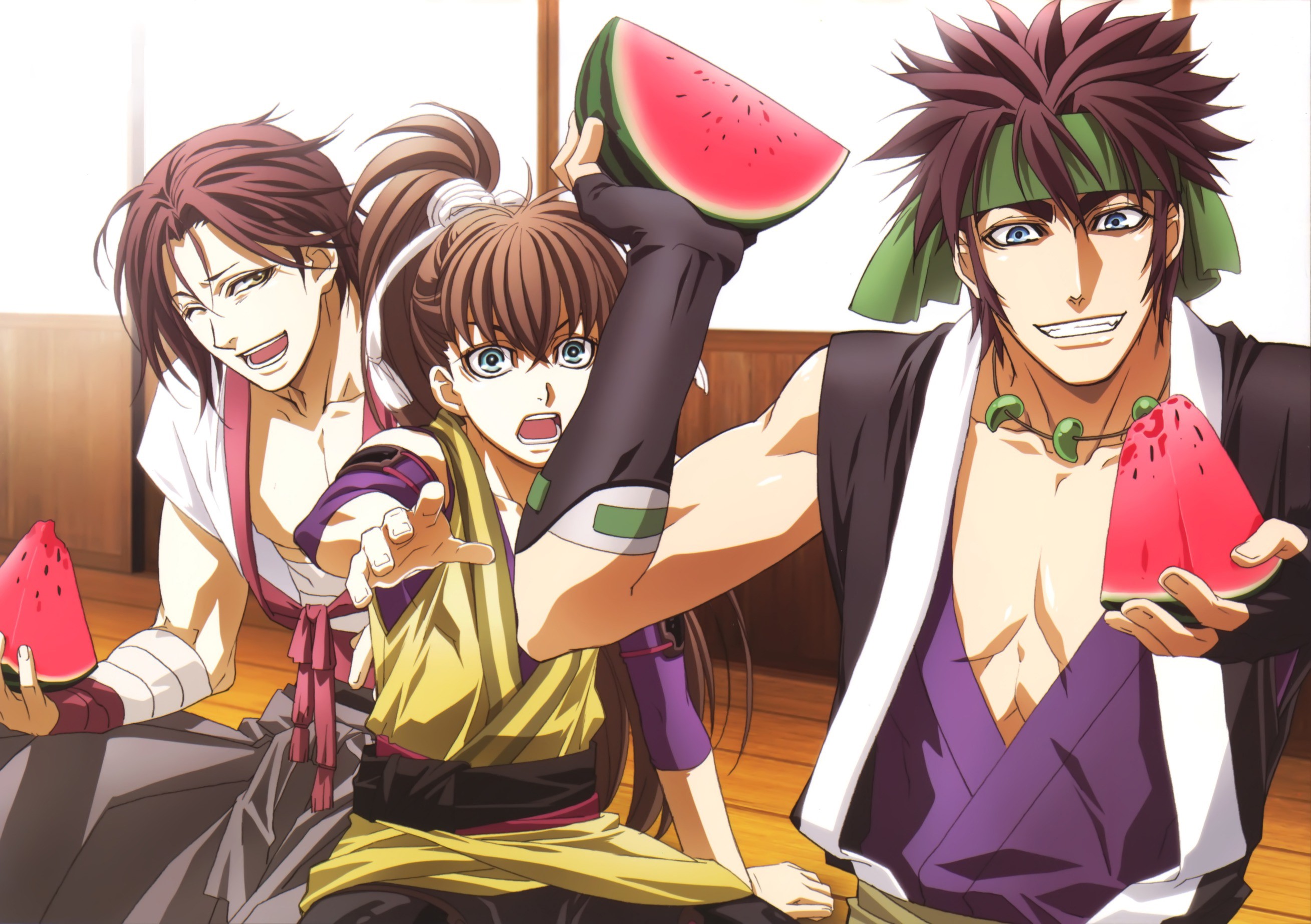 Hakuouki: Hijikata Toshizo, Okita Souji, and Saitou Hajime with watermelons HD Wallpaper