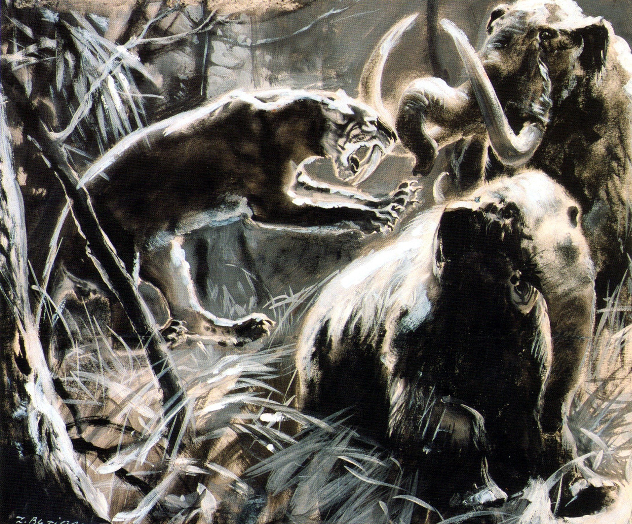 Saber-toothed cat attacking mammoths HD Wallpaper