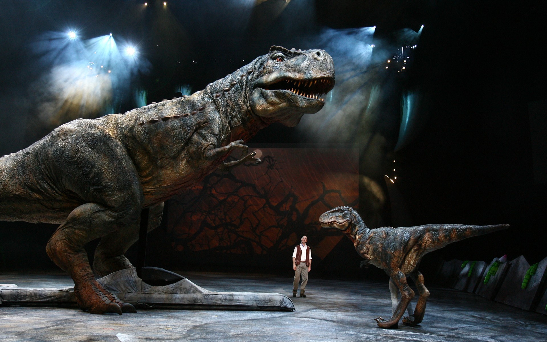 Two Tyrannosaurus Rex dinosaurs and a man on stage HD Wallpaper