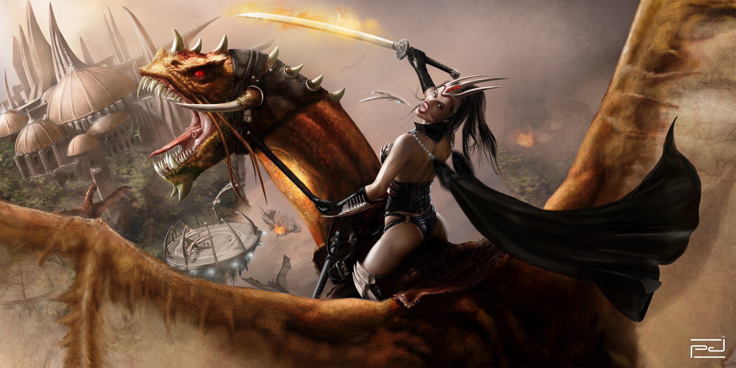 Woman warrior riding a dragon with a katana HD Wallpaper