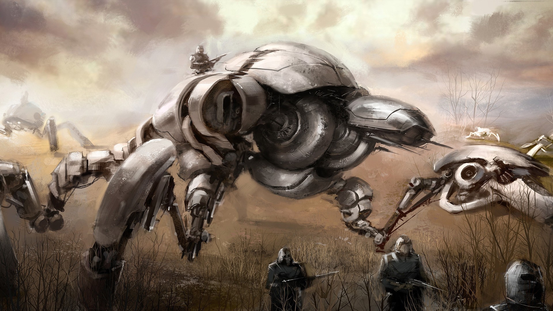 Robotic spiders and soldiers in a desolate landscape HD Wallpaper