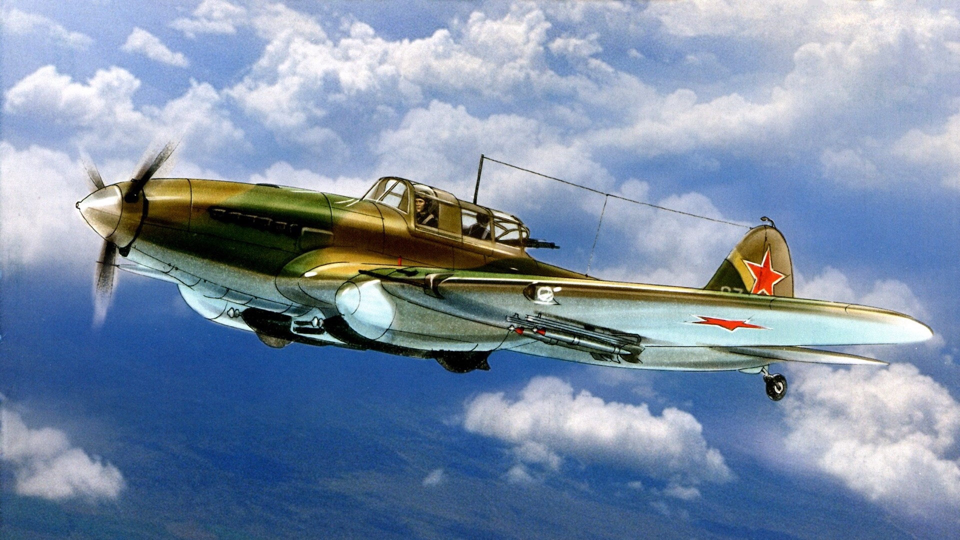 Painting of a Soviet Ilyushin Il-2 Sturmovik aircraft in flight HD Wallpaper
