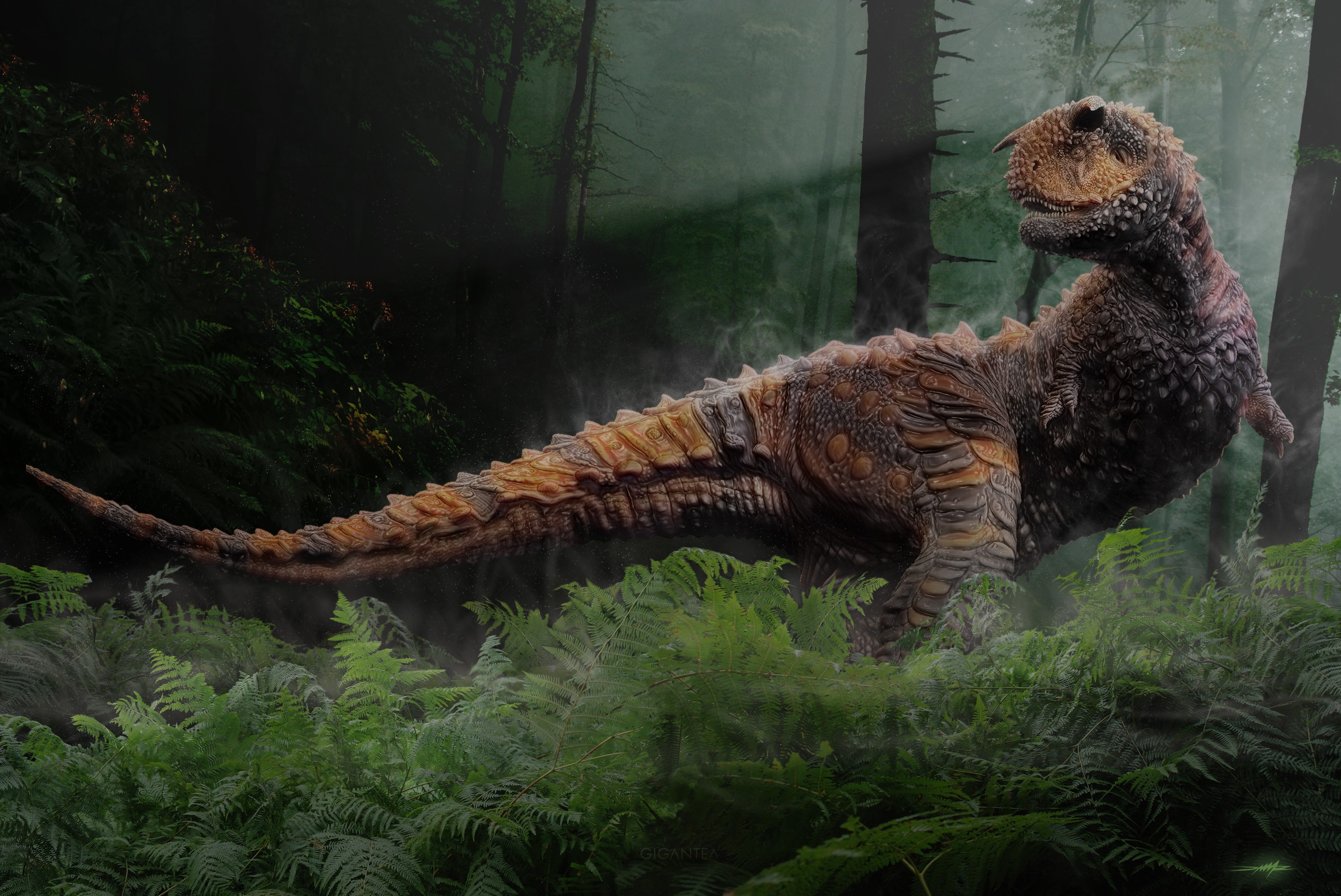 Carnotaurus dinosaur in a prehistoric forest HD Wallpaper
