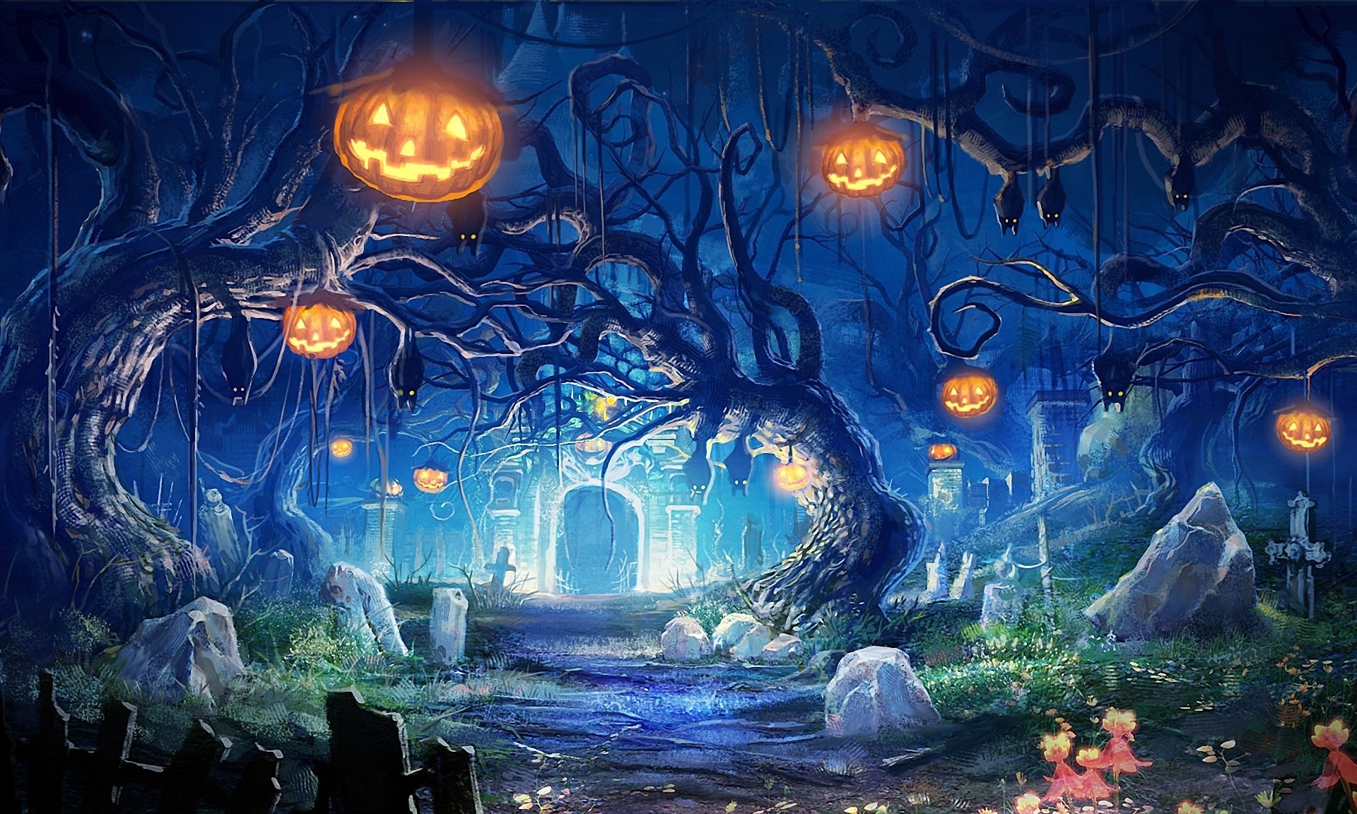 Halloween graveyard with jack-o'-lanterns and bats HD Wallpaper