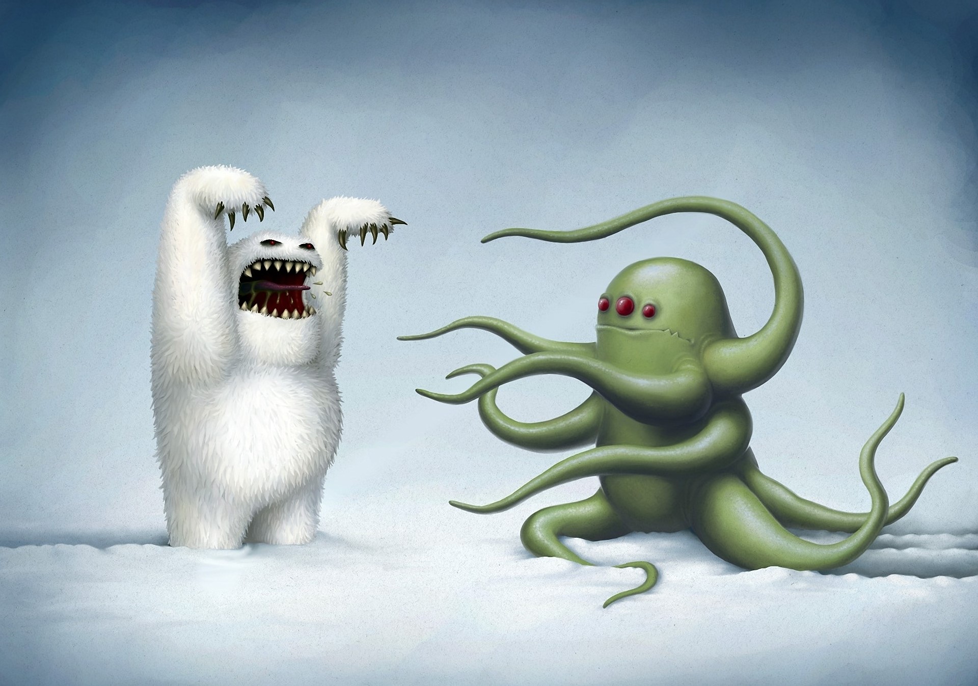 Yeti and green octopus-like monster in snow HD Wallpaper
