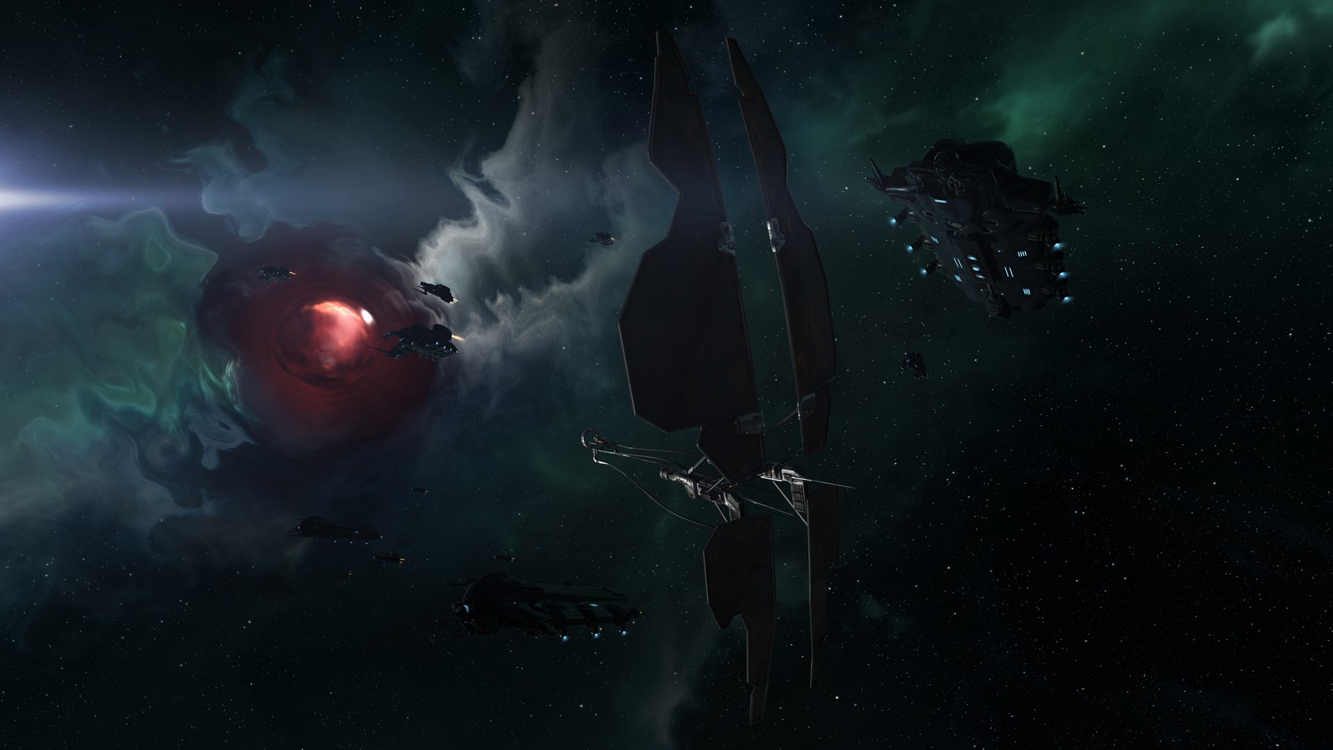 Spaceships near a red nebula and a large structure HD Wallpaper