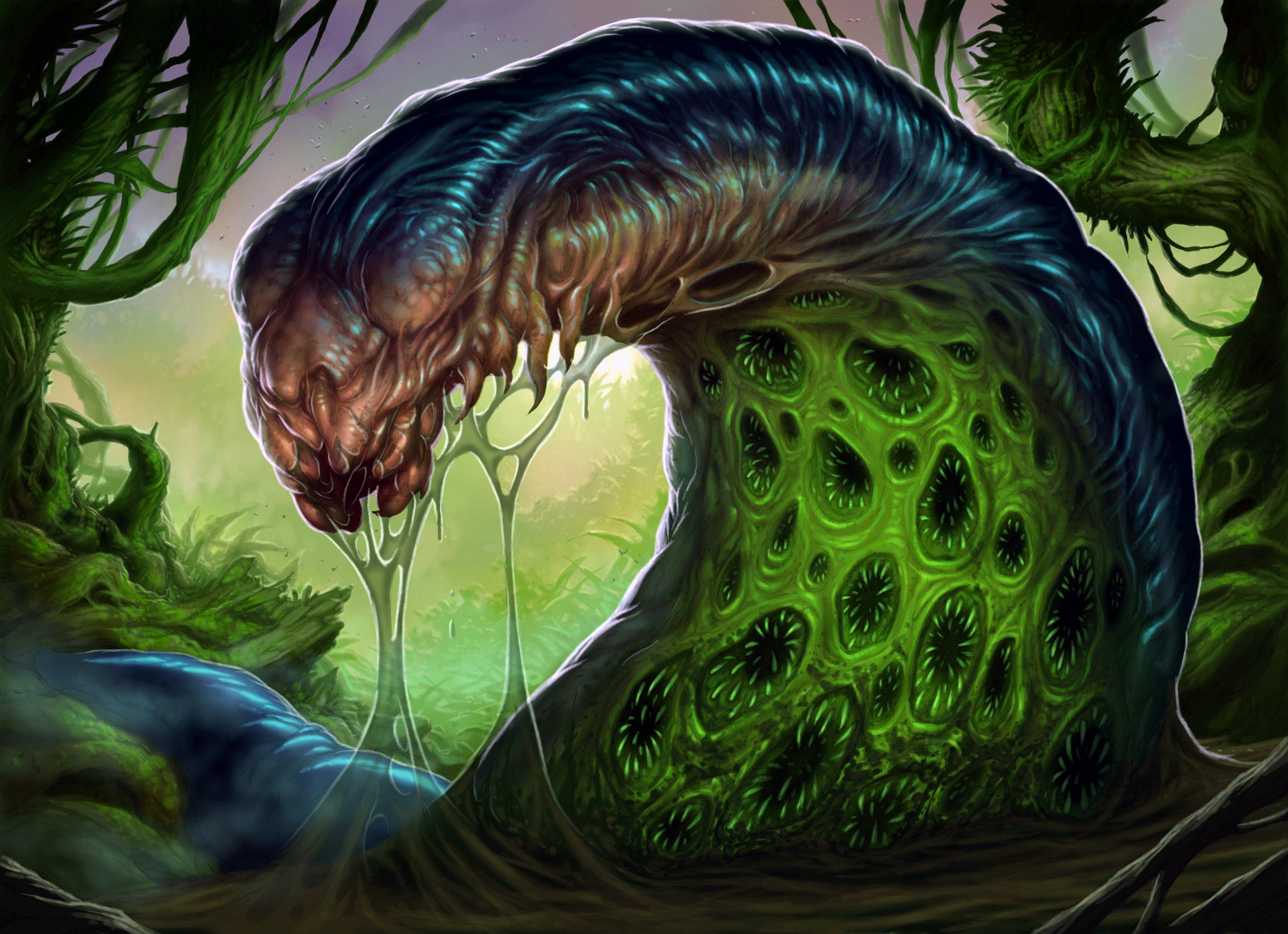 A grotesque monster with many eyes in a swampy forest HD Wallpaper