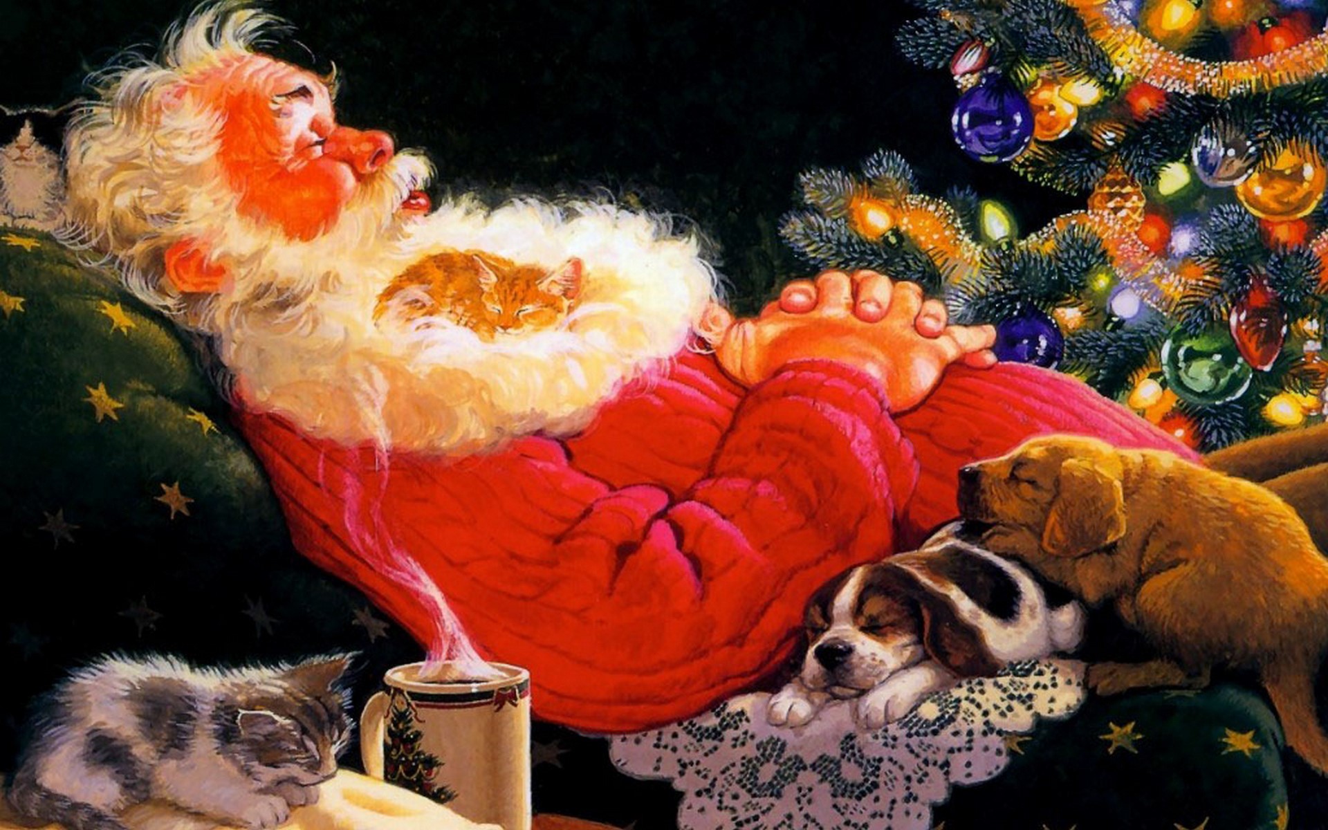 Santa Claus sleeping with pets by Christmas tree HD Wallpaper