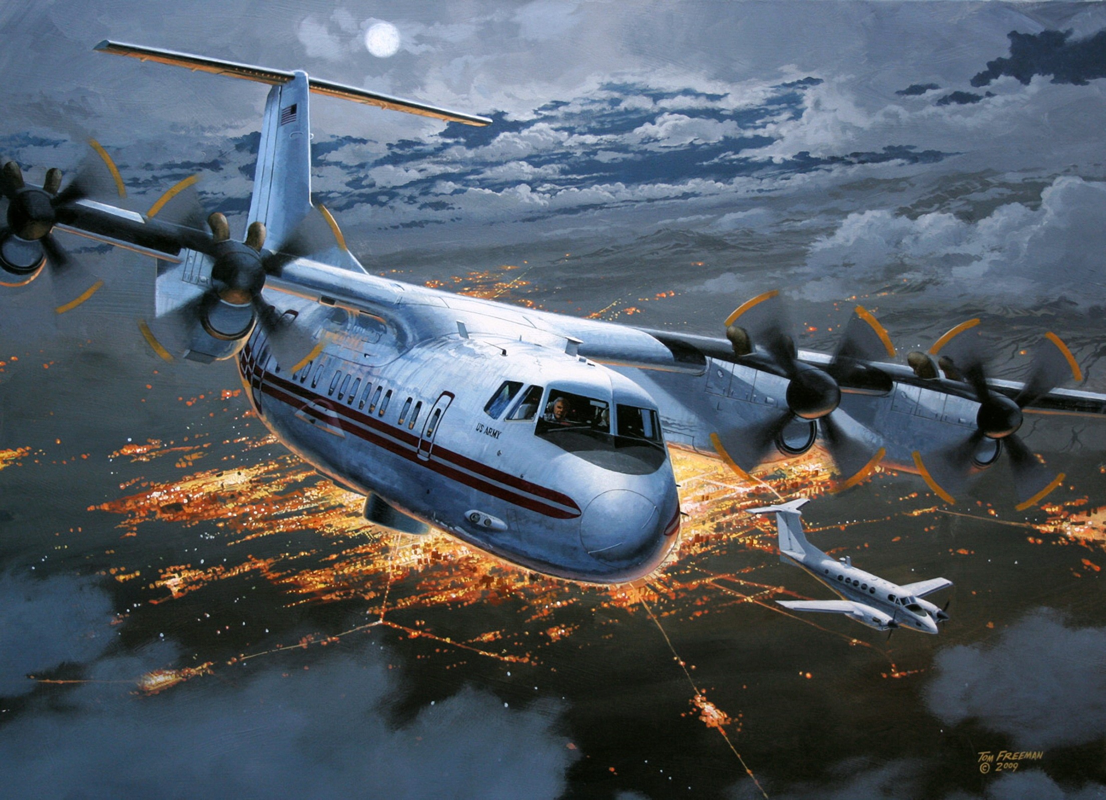 US Army Airplane Flying Over City at Night HD Wallpaper