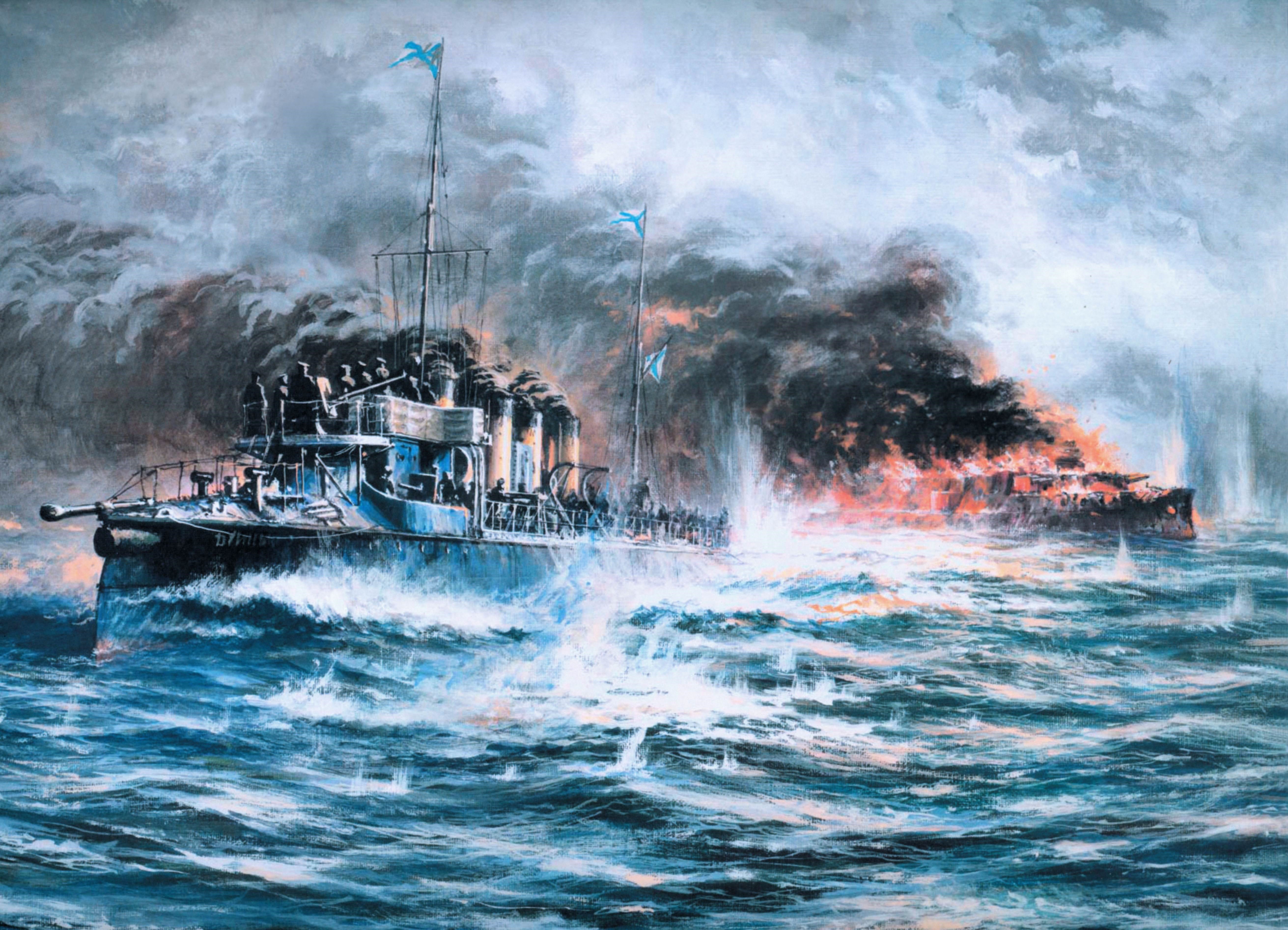 Painting of Ships in Battle HD Wallpaper