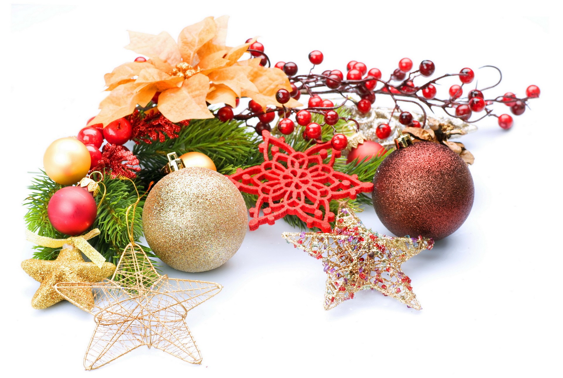Christmas Decorations with Ornaments and Berries HD Wallpaper