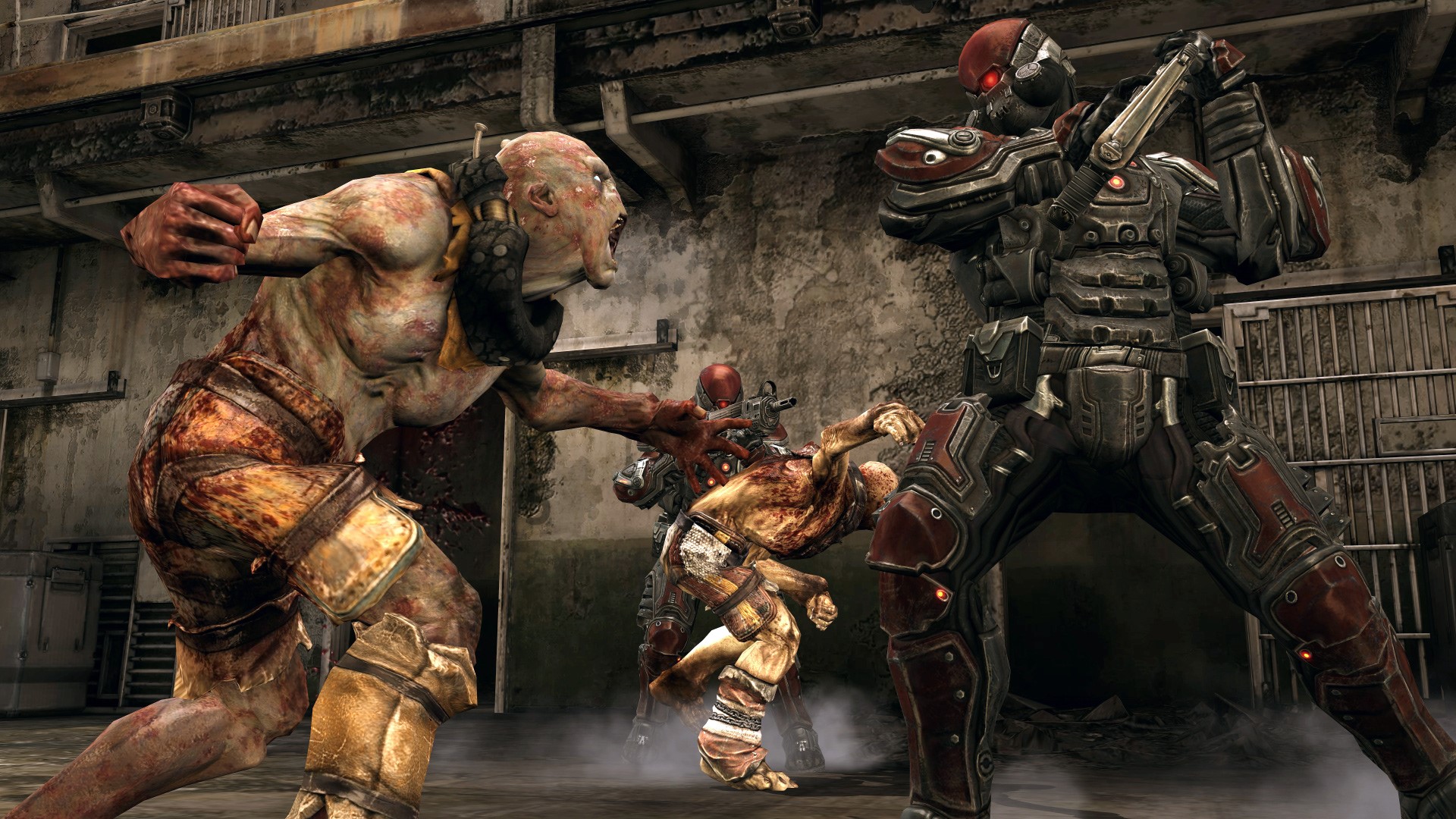 Mutants fighting soldiers in a ruined building HD Wallpaper