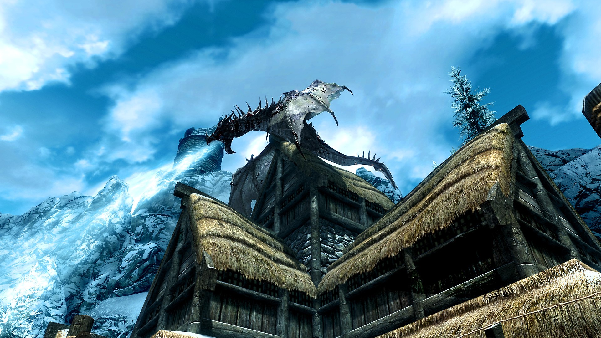 Dragon attacking a village in The Elder Scrolls V: Skyrim HD Wallpaper