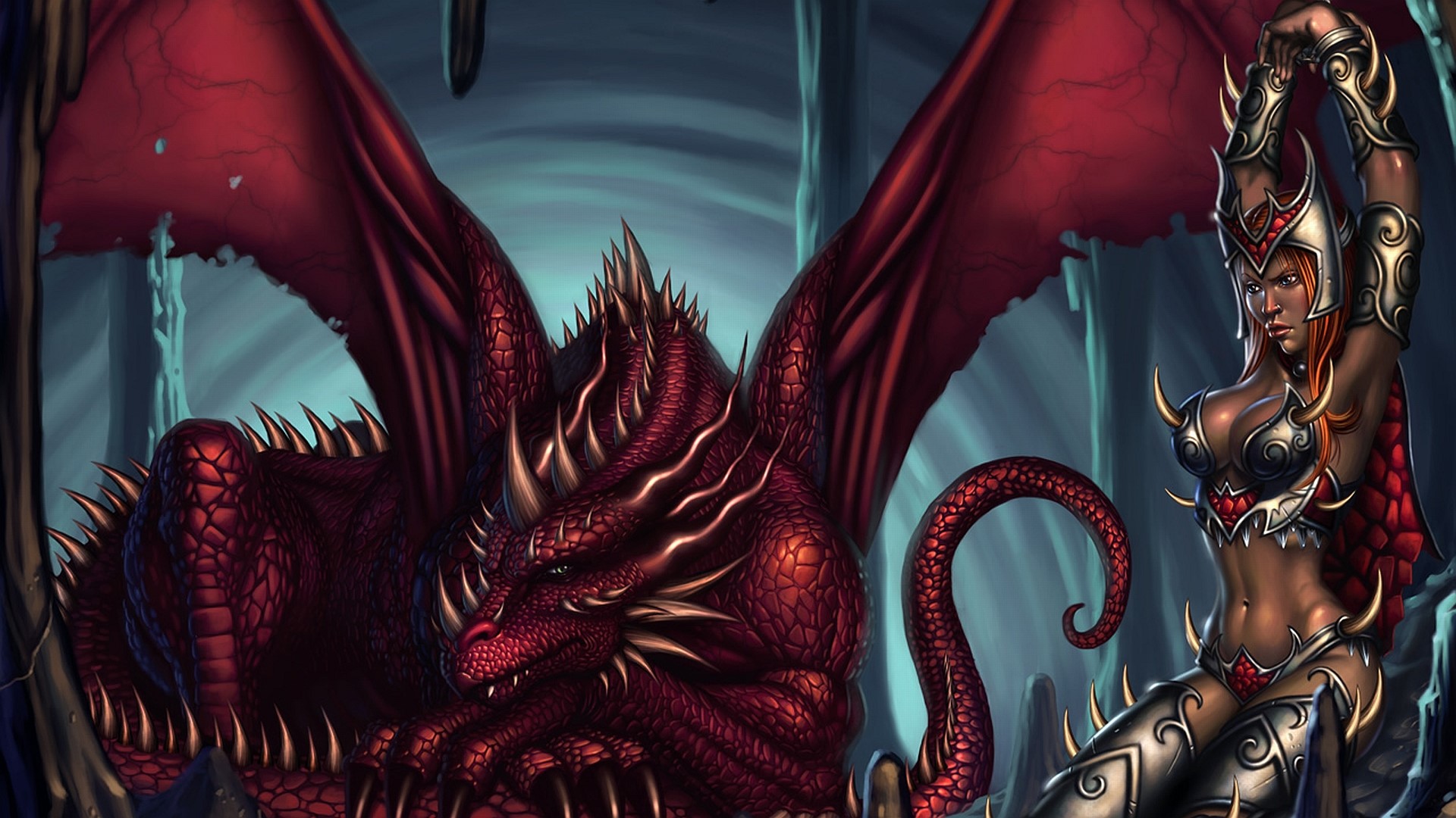 Red Dragon and Warrior Woman in Cave HD Wallpaper