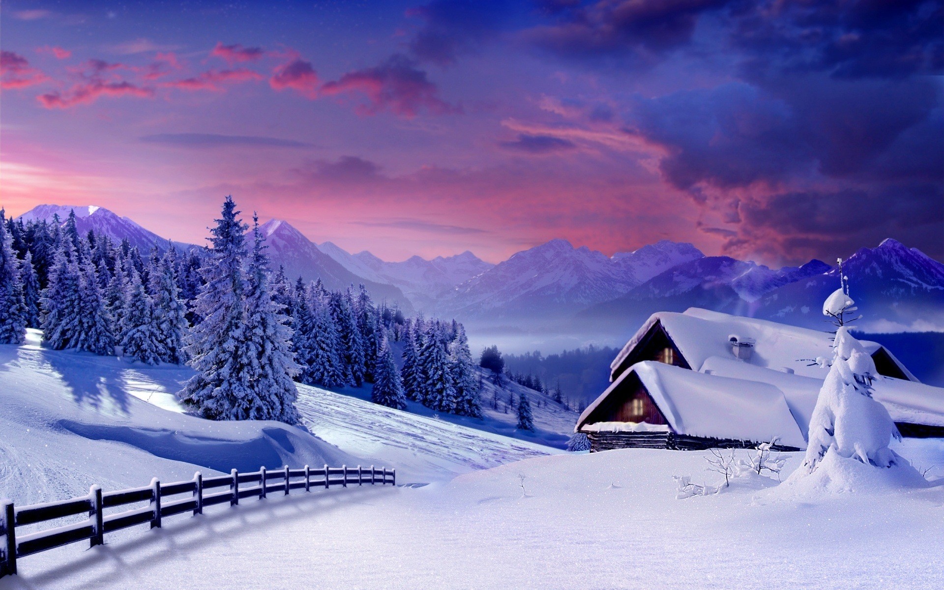 Winter landscape with snow-covered mountains and cabins HD Wallpaper