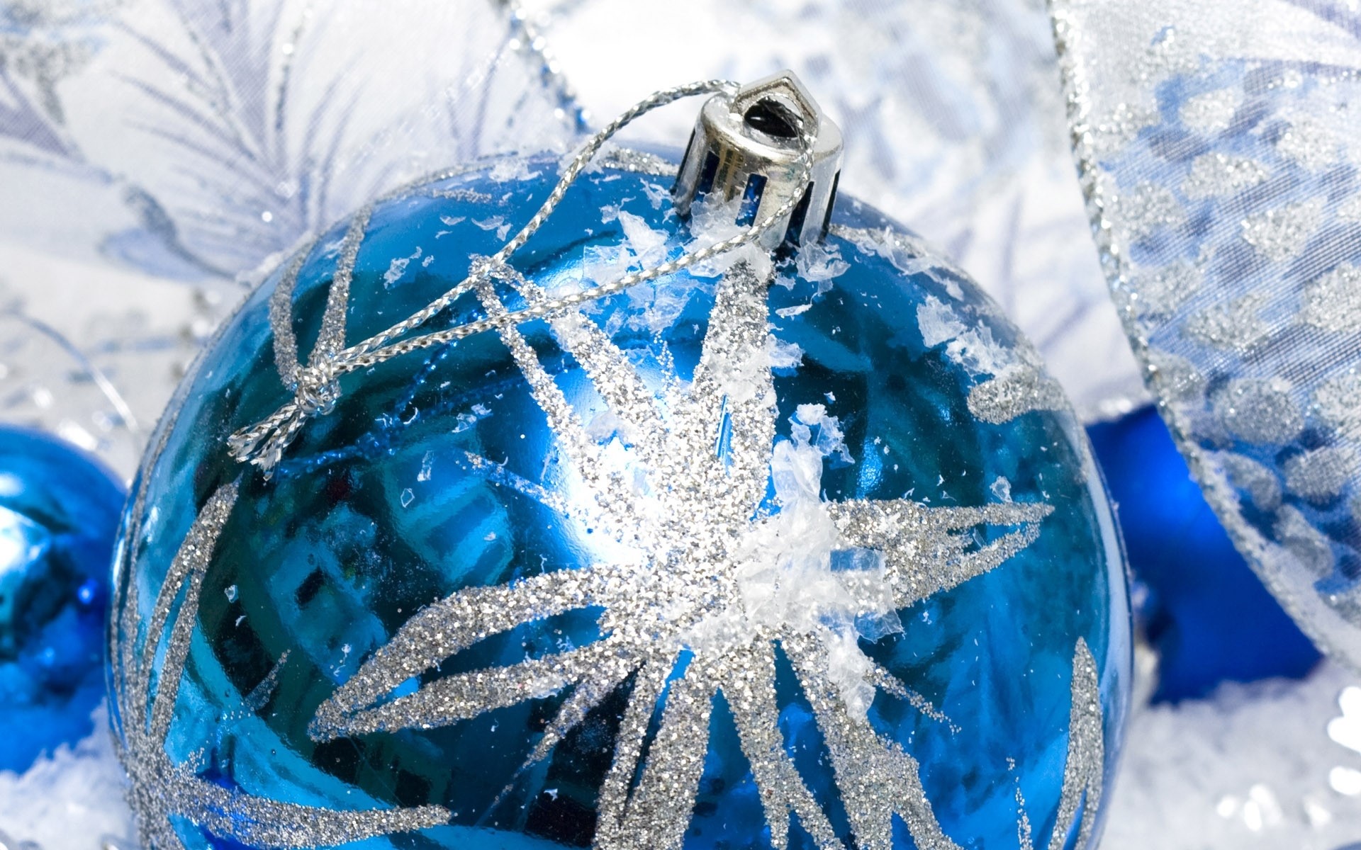 Blue Christmas Ornaments with Silver Glitter HD Wallpaper