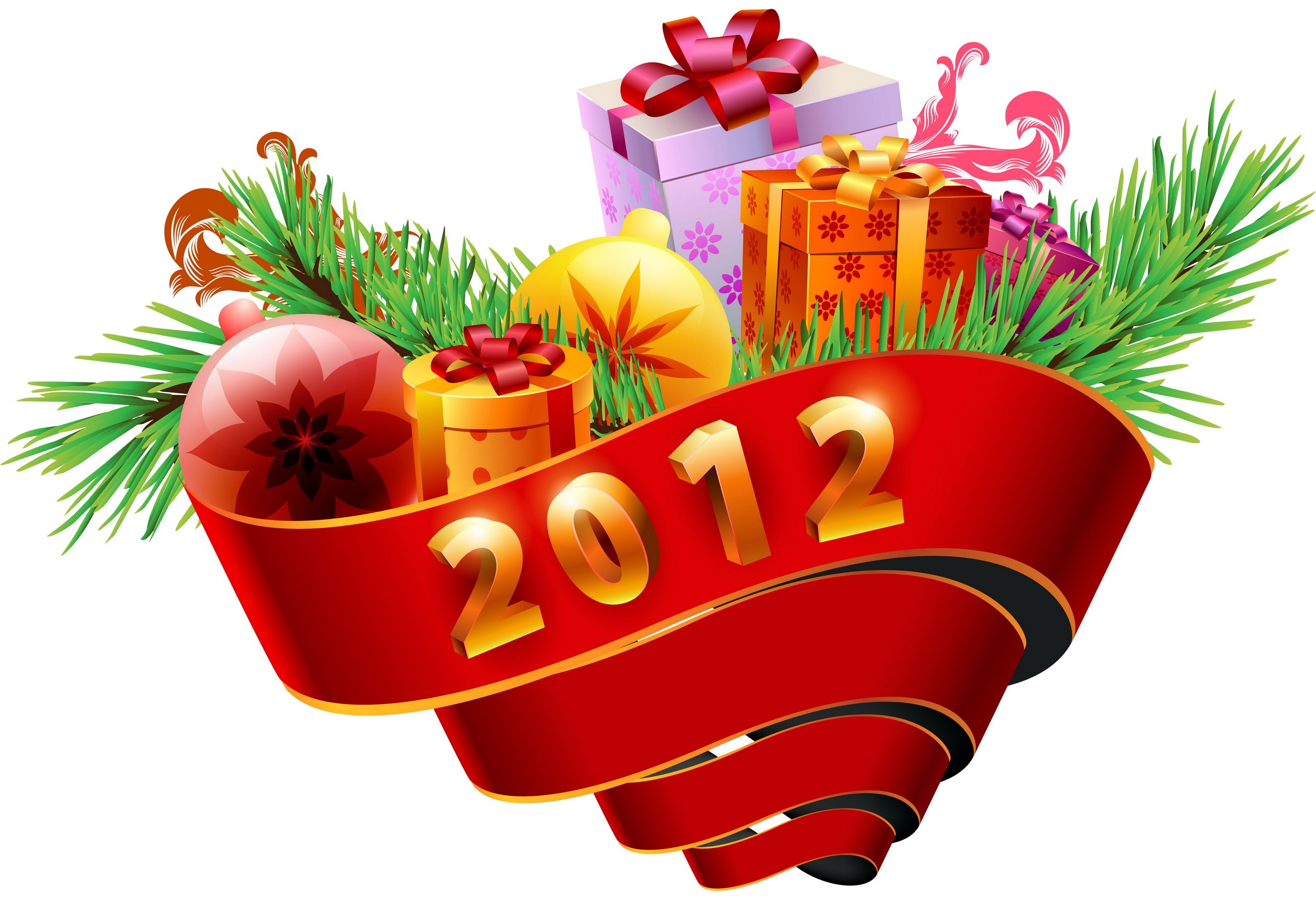 Christmas ornaments and gifts with 2012 banner HD Wallpaper