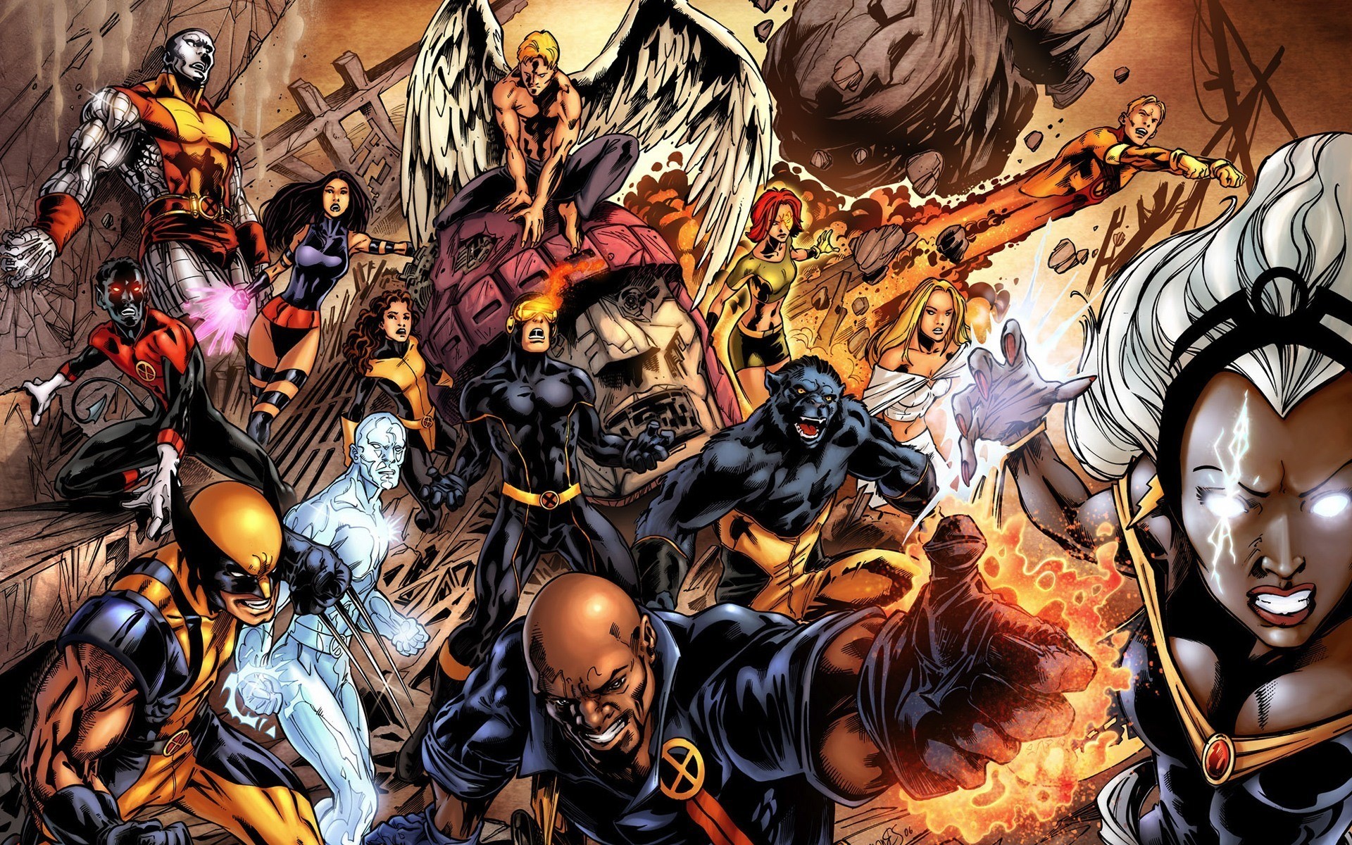 X-Men characters fighting Sentinel in comic art HD Wallpaper
