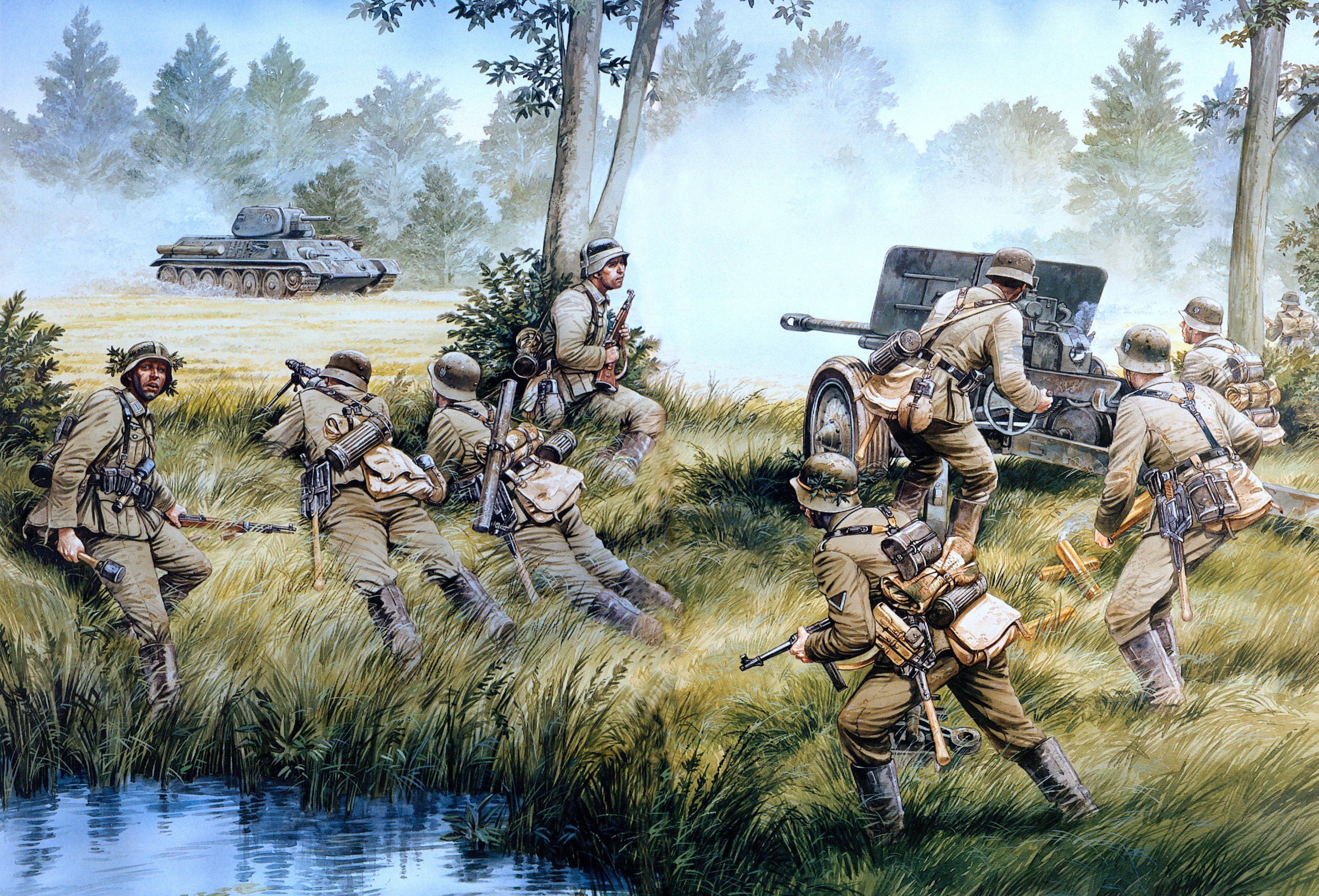 Soldiers operating a cannon during a battle with a tank HD Wallpaper