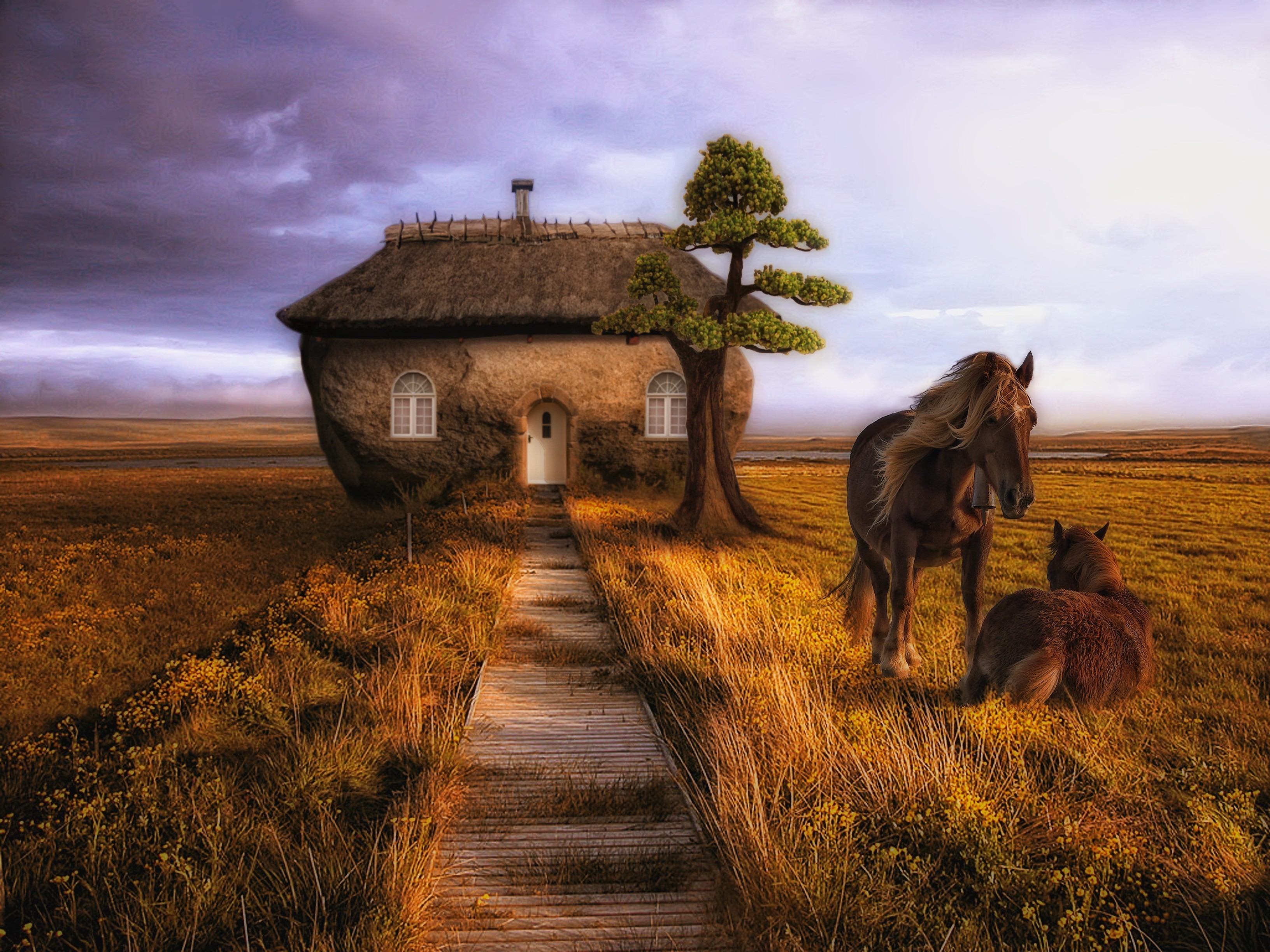 Fantasy house with thatched roof and two horses in a field HD Wallpaper