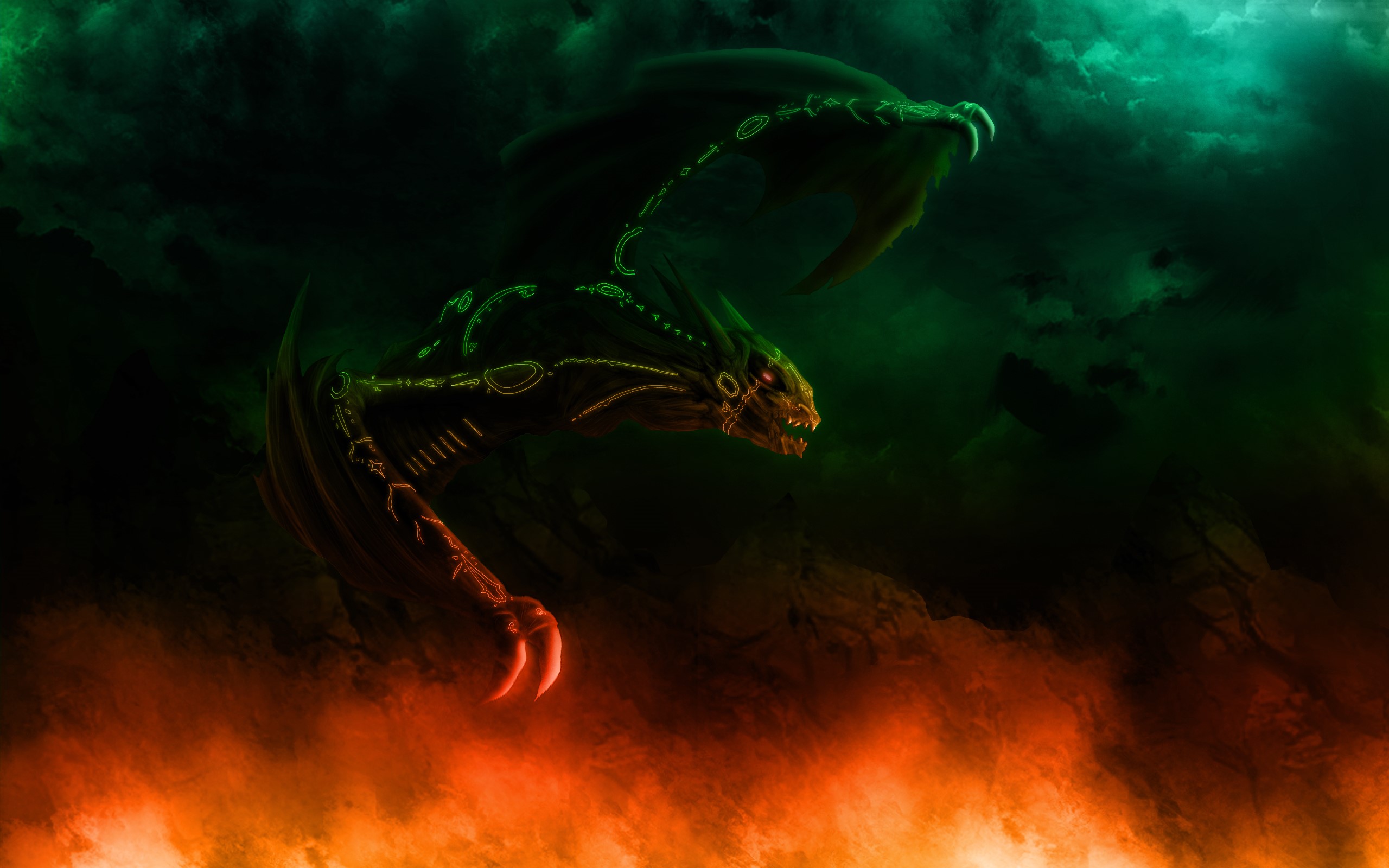 A dark dragon with glowing markings in a fiery and smoky environment HD Wallpaper