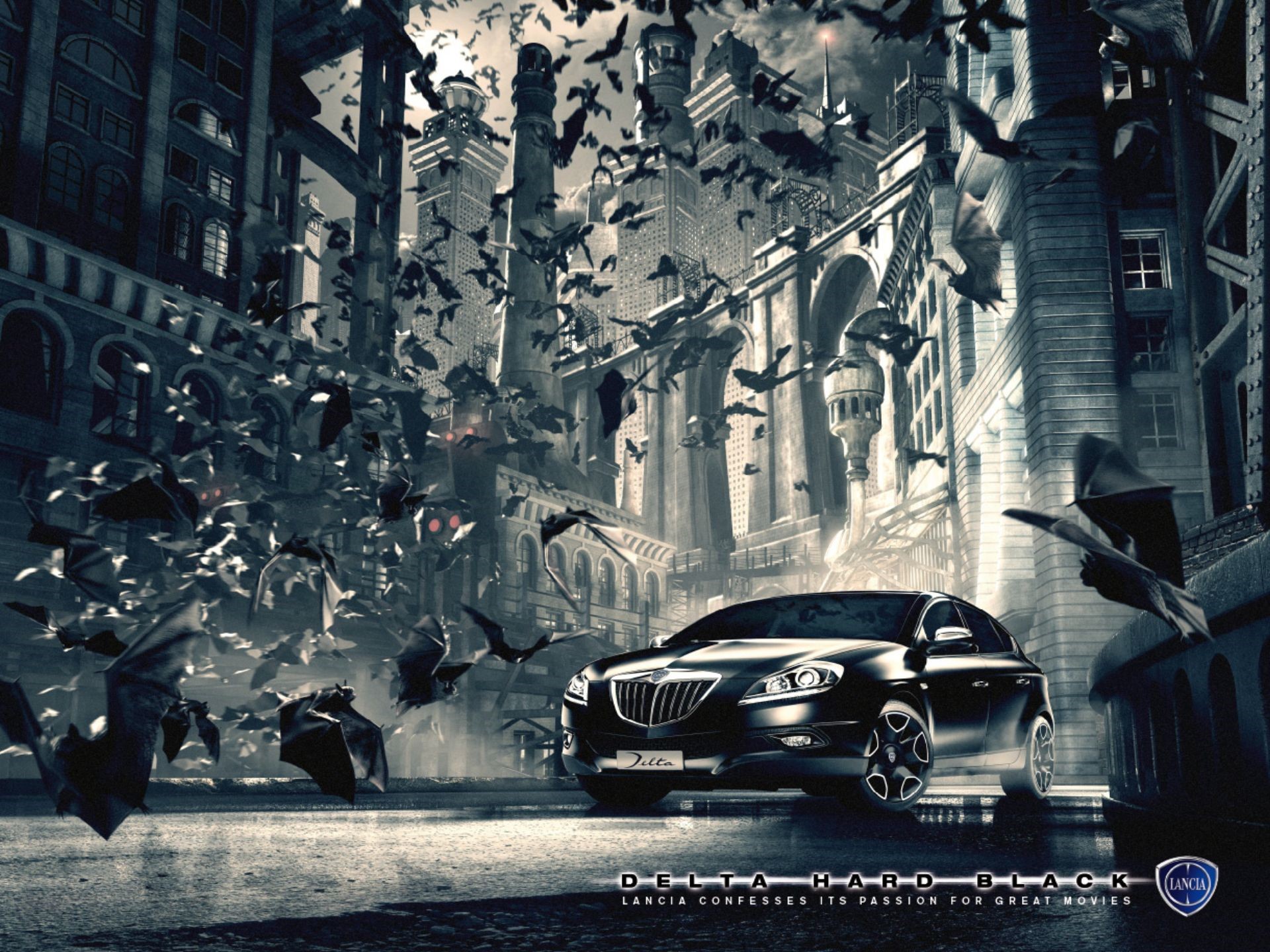 Lancia Delta Hard Black car with bats and gothic buildings HD Wallpaper