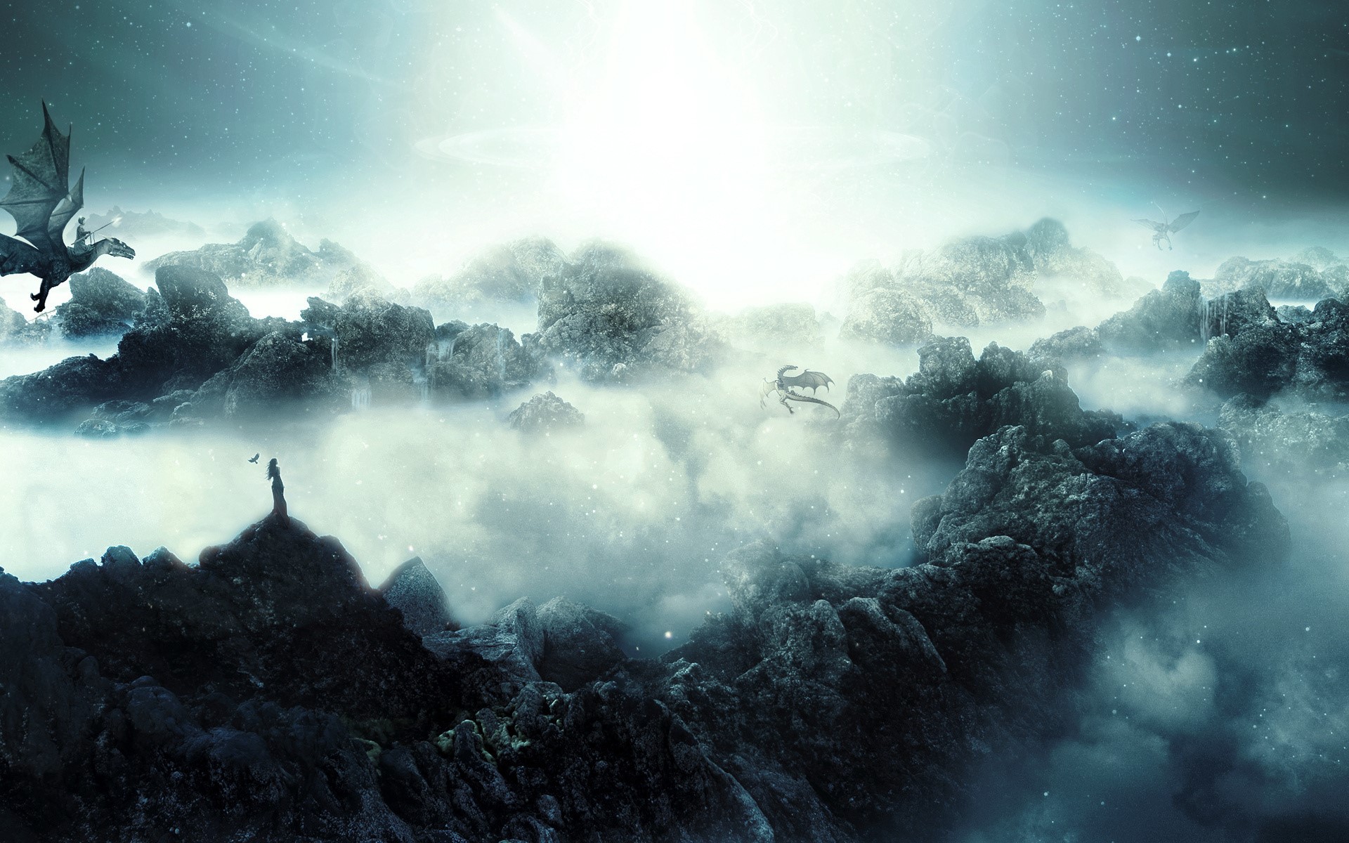 Fantasy landscape with dragons and a woman HD Wallpaper