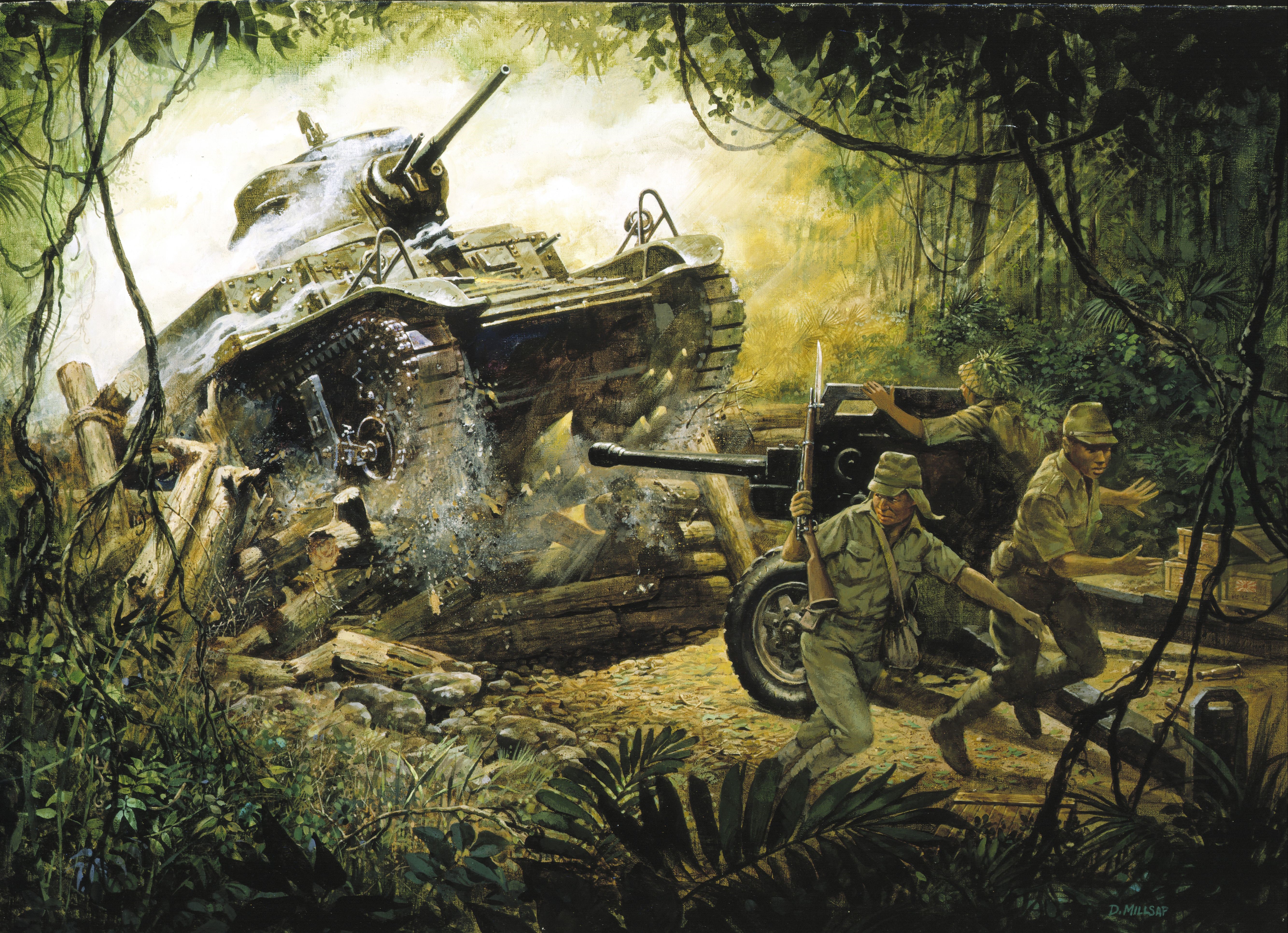 Tank and soldiers in jungle combat HD Wallpaper
