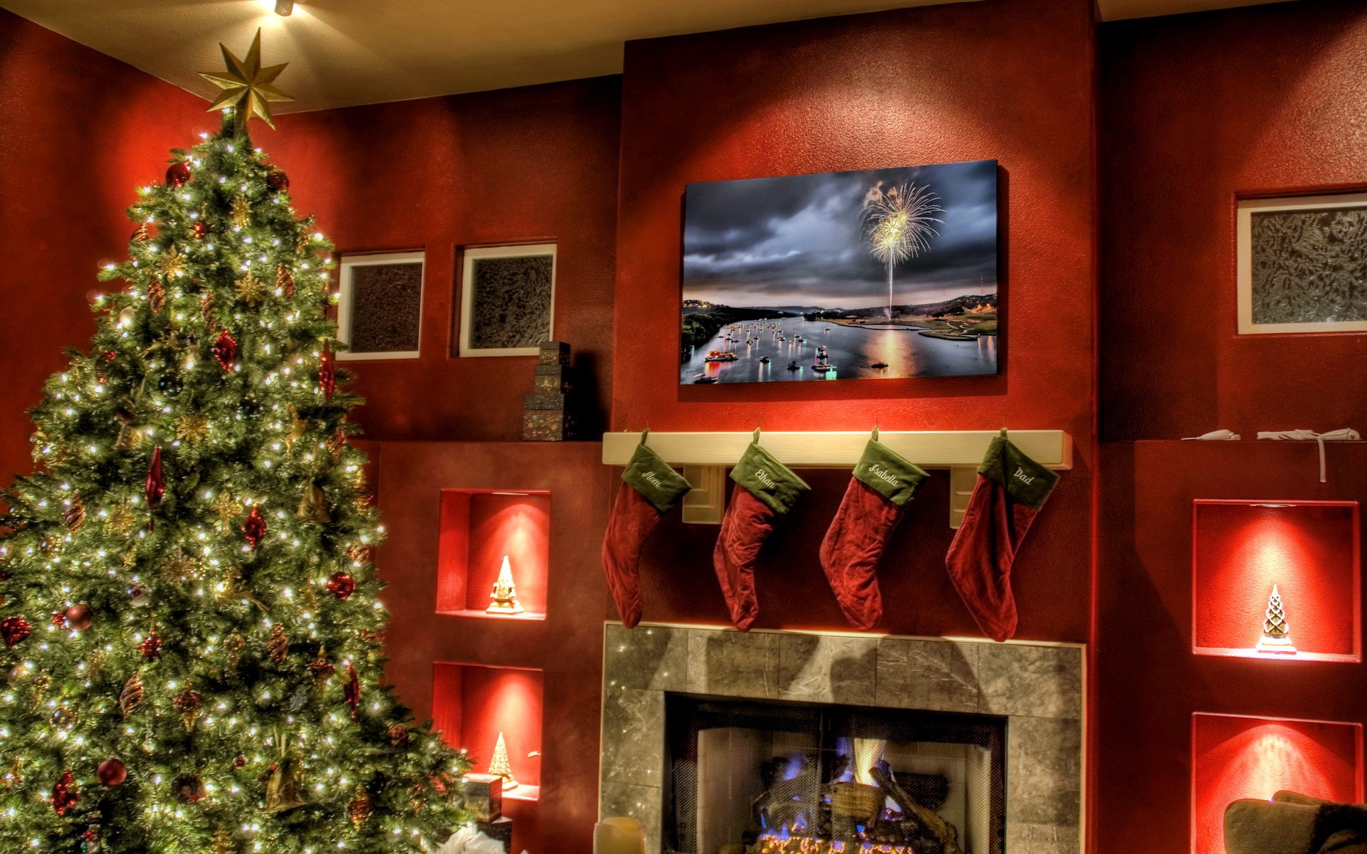 Christmas Tree and Fireplace with Stockings HD Wallpaper