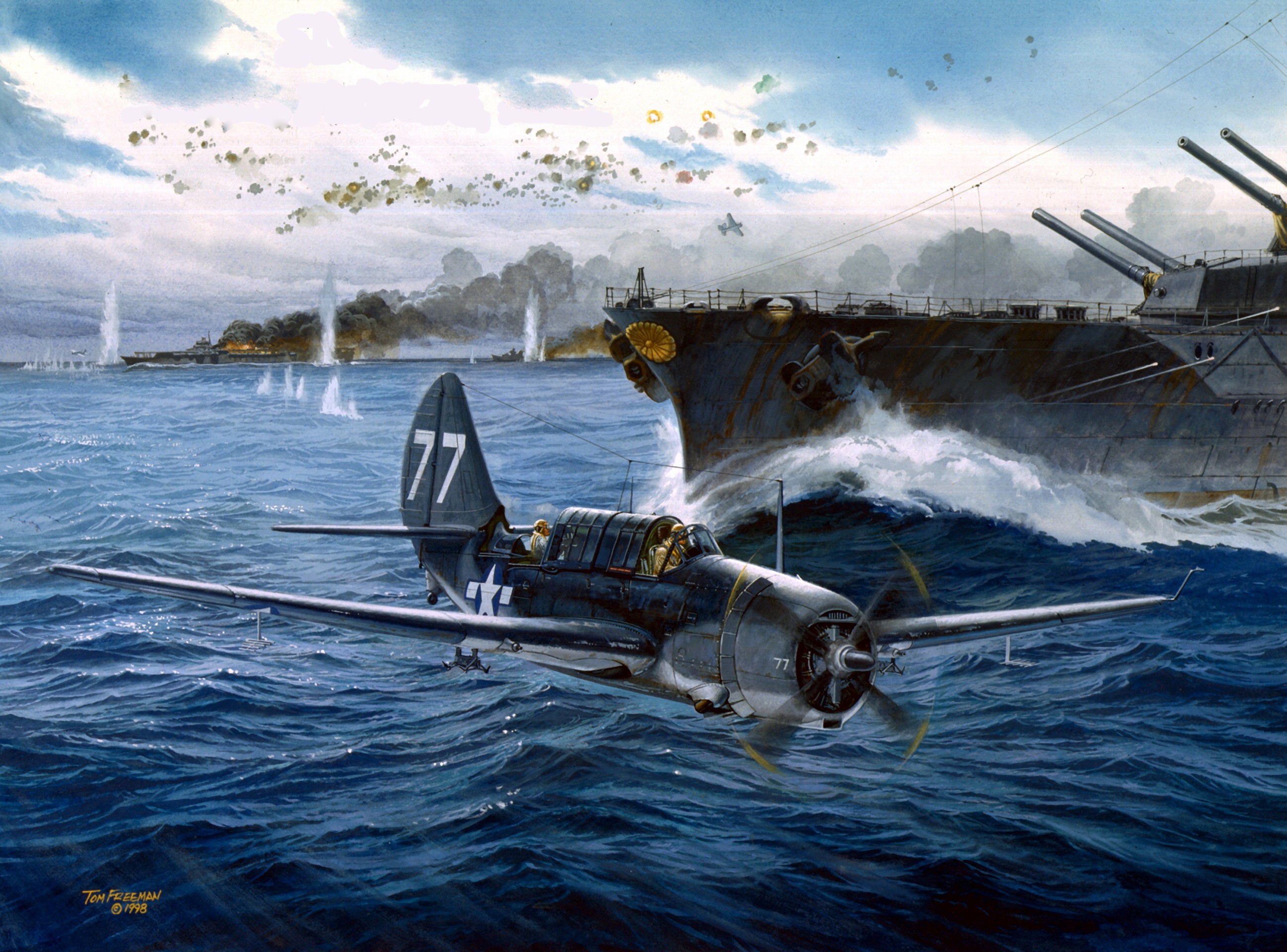 WWII Aircraft and Battleship Painting HD Wallpaper