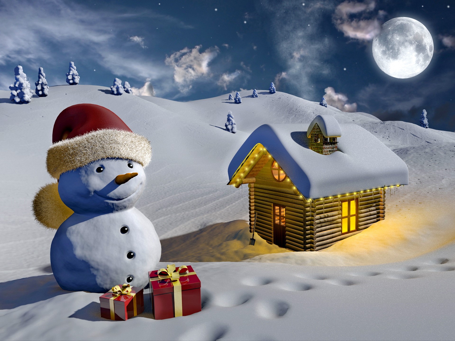Christmas Snowman and Cabin in Snowy Landscape HD Wallpaper