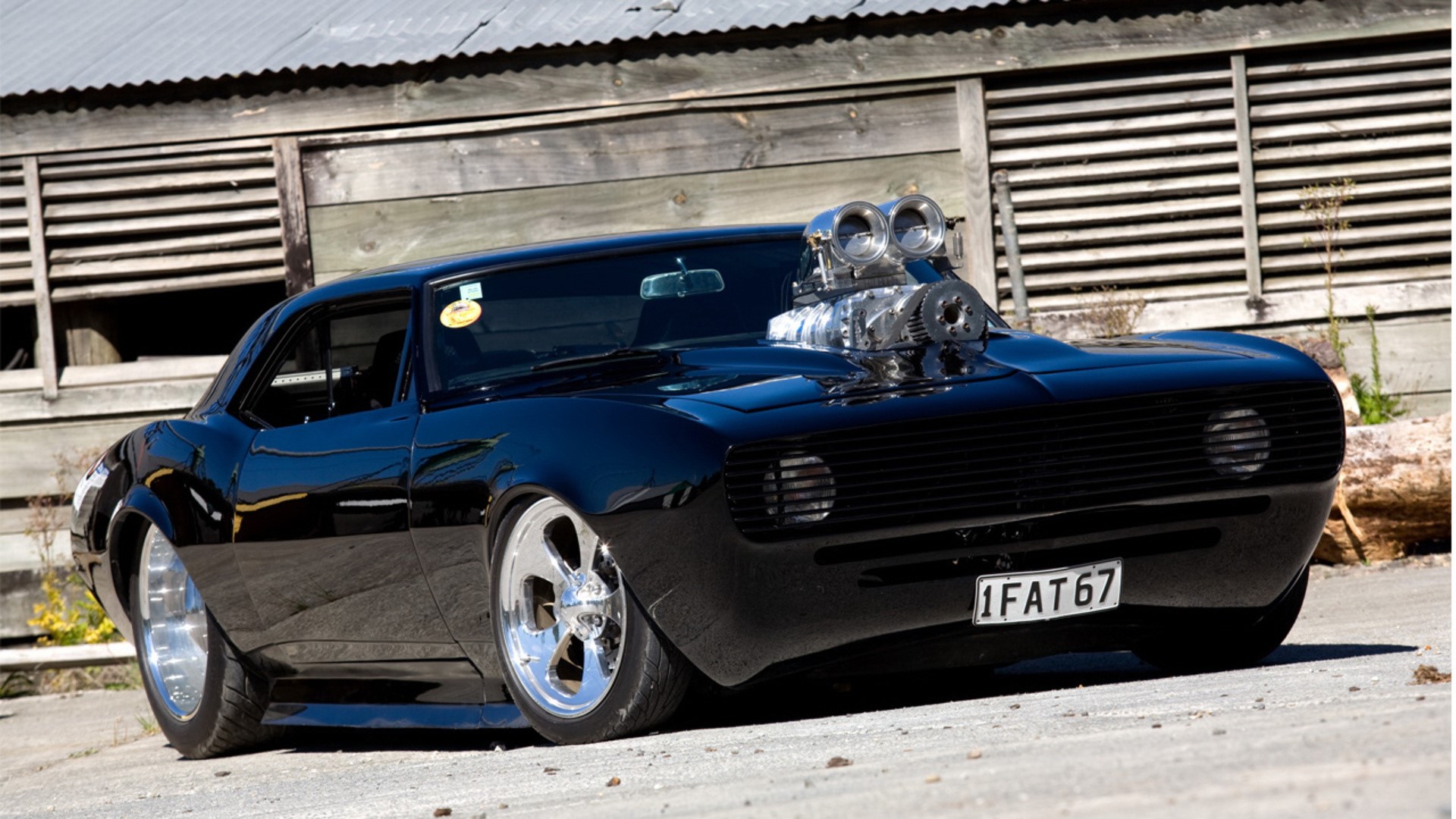 Black 1967 Chevrolet Camaro with supercharger HD Wallpaper