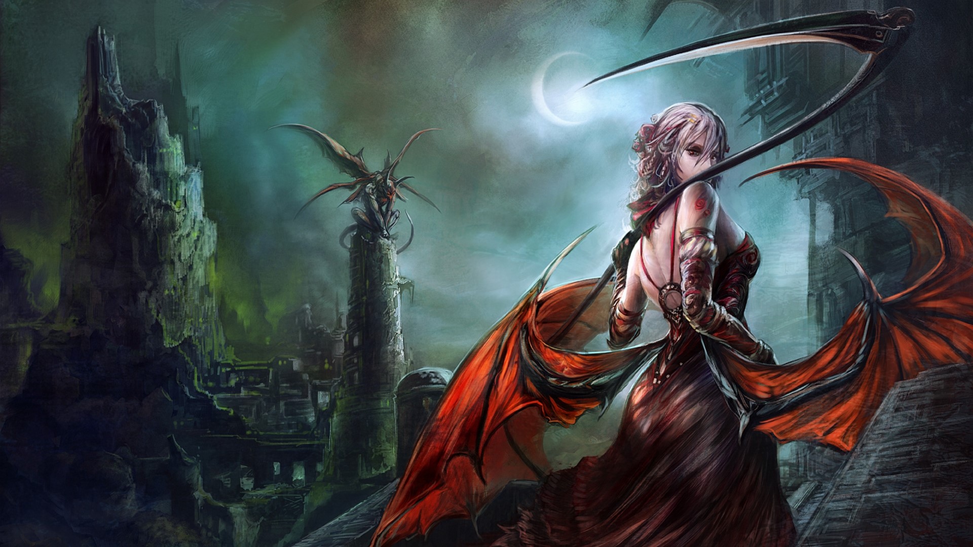 Gothic fantasy woman with scythe and dragon HD Wallpaper