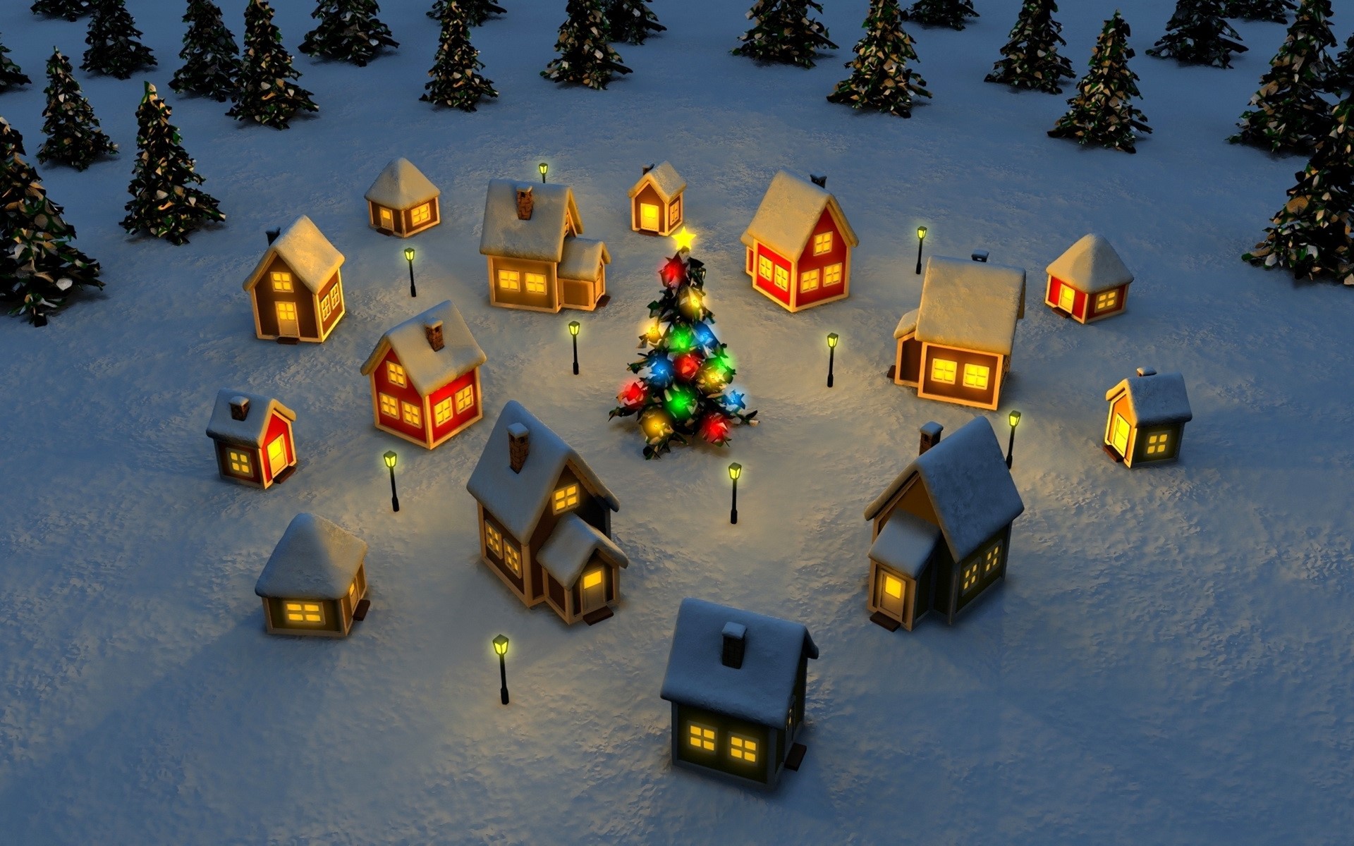 Christmas village with decorated tree and houses HD Wallpaper