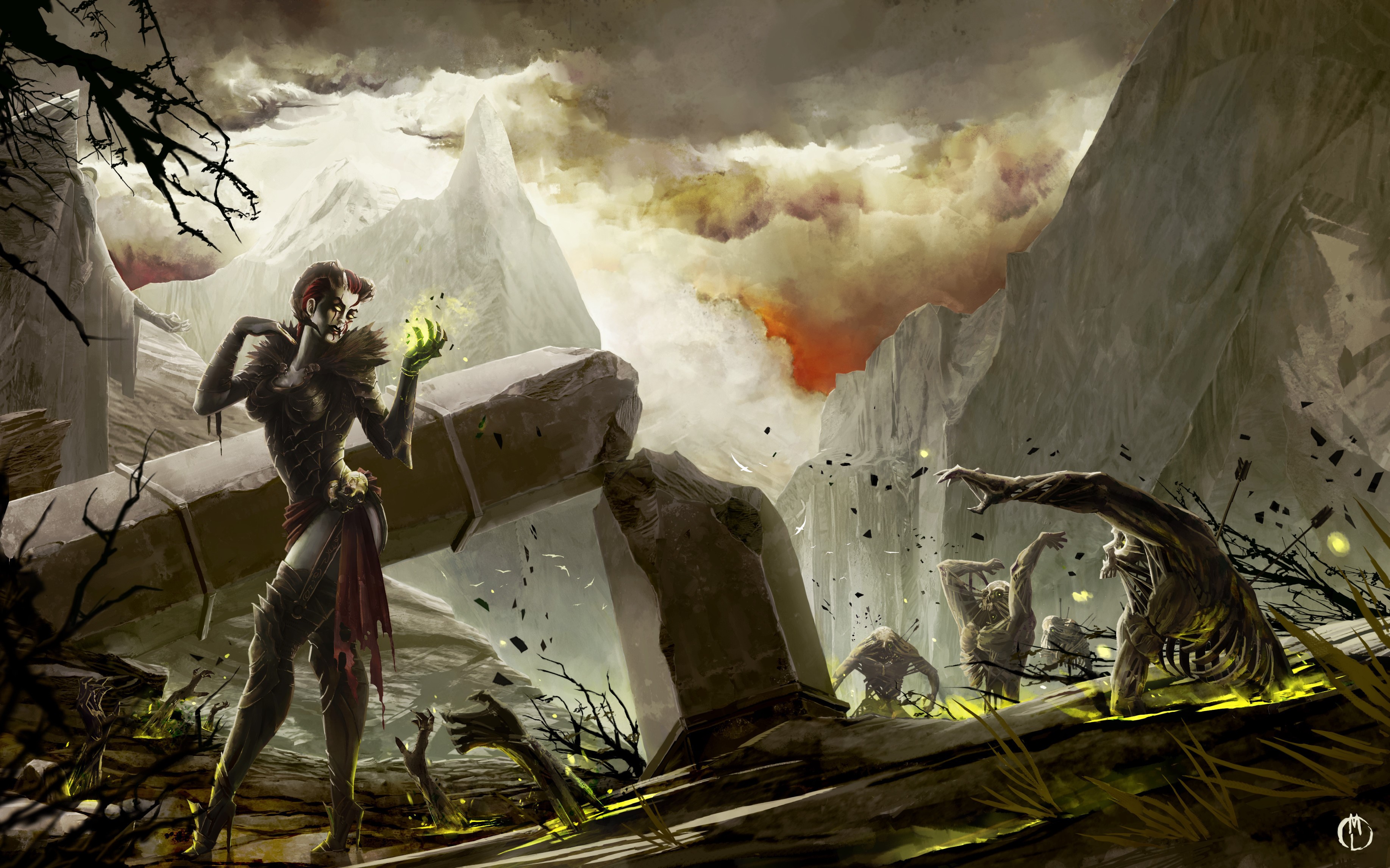 Necromancer casting magic amidst ruins and zombies HD Wallpaper