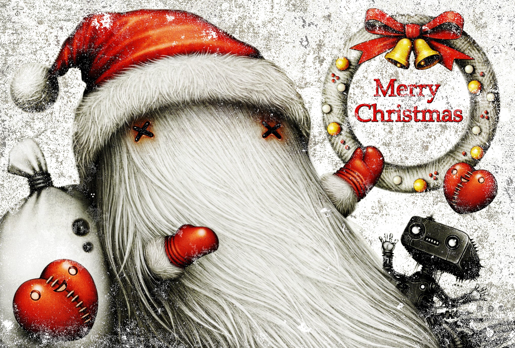 Creepy Santa with Robot and Gifts HD Wallpaper