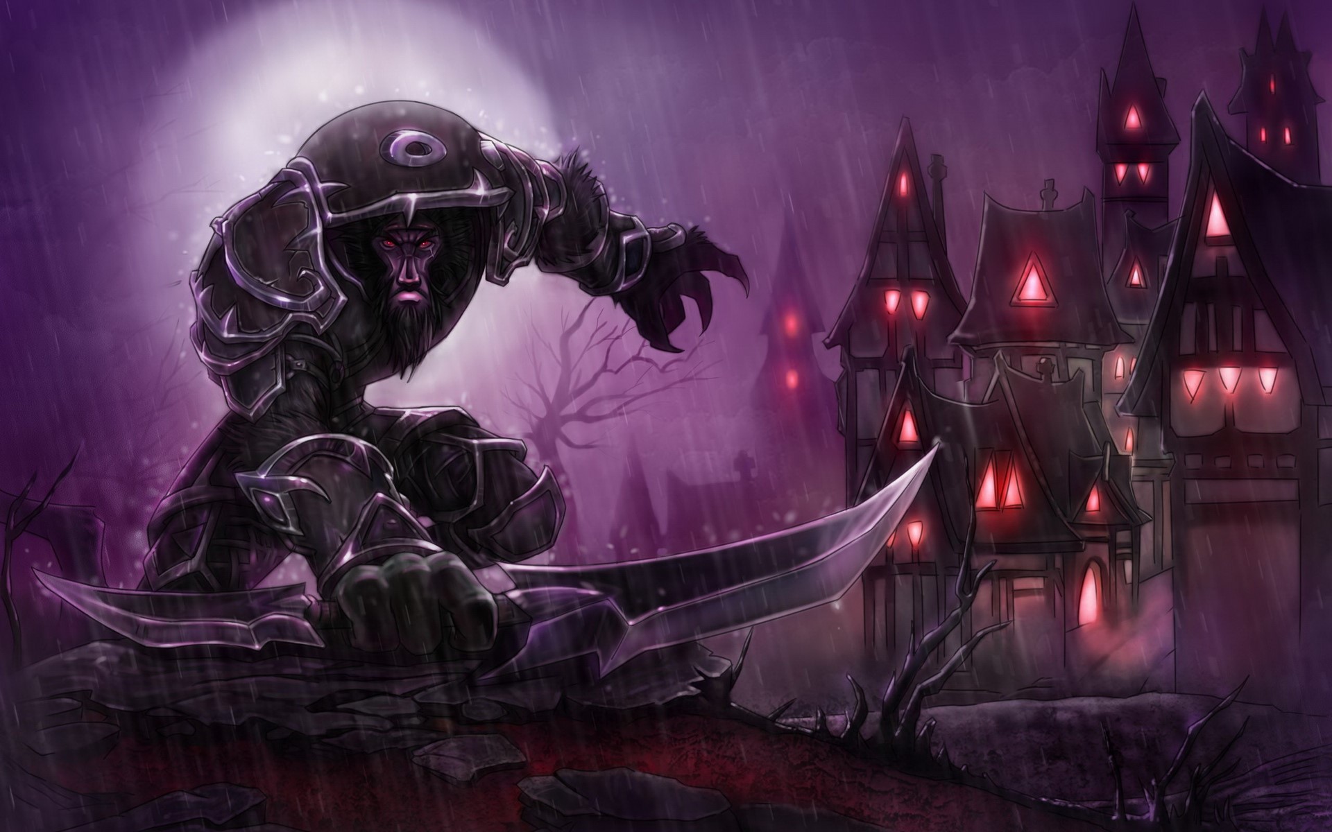 Character from World of WarCraft in a dark village HD Wallpaper